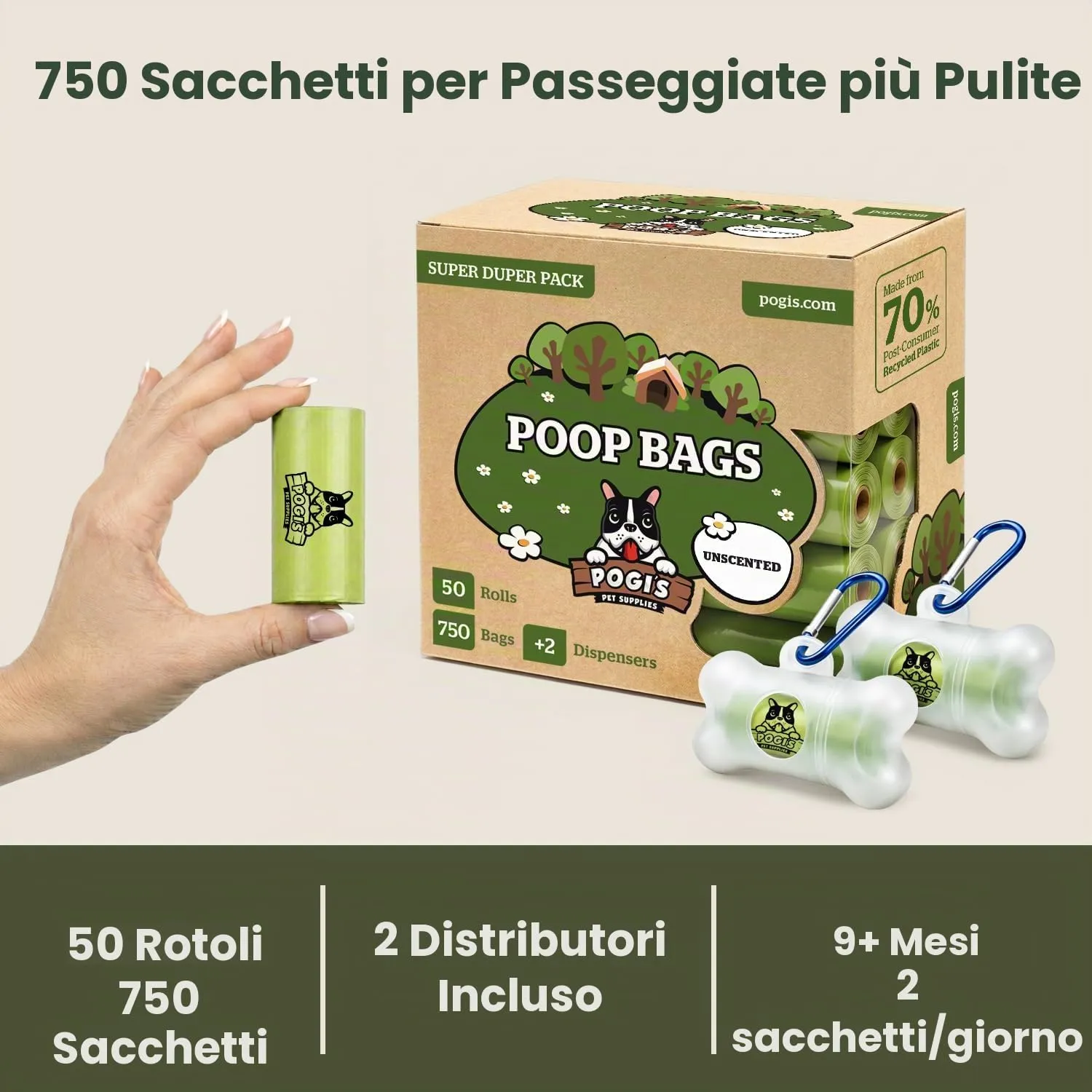 Pogi's Pet Supplies Sacchetti per Cani Senza Profumo, 750 Pezzi con 2 Dispenser - immagine 6