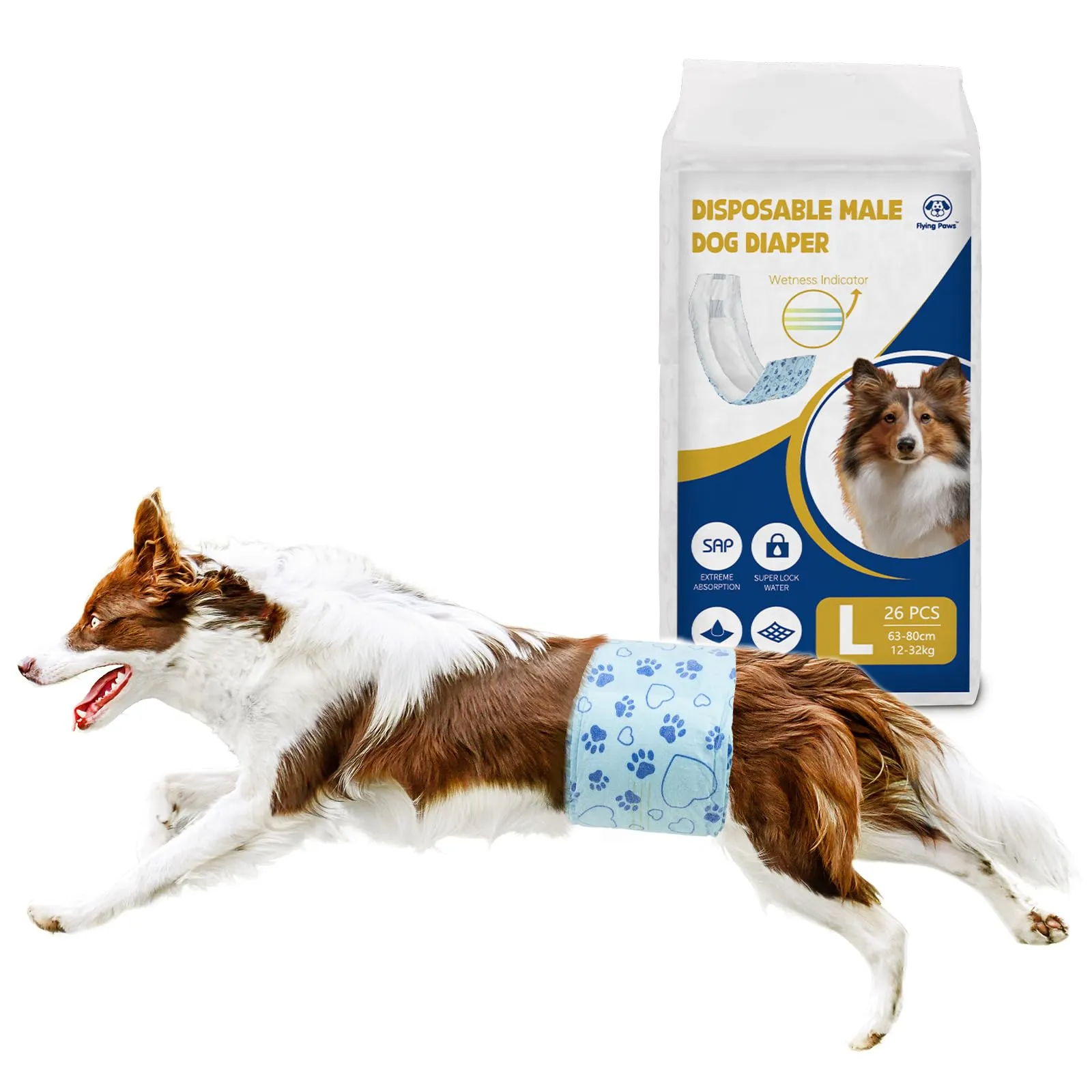 Flying Paws Pannolini per Cani, Taglia L, 26 Pezzi con Indicatore di Umido e Protezione Antifughe - immagine 1