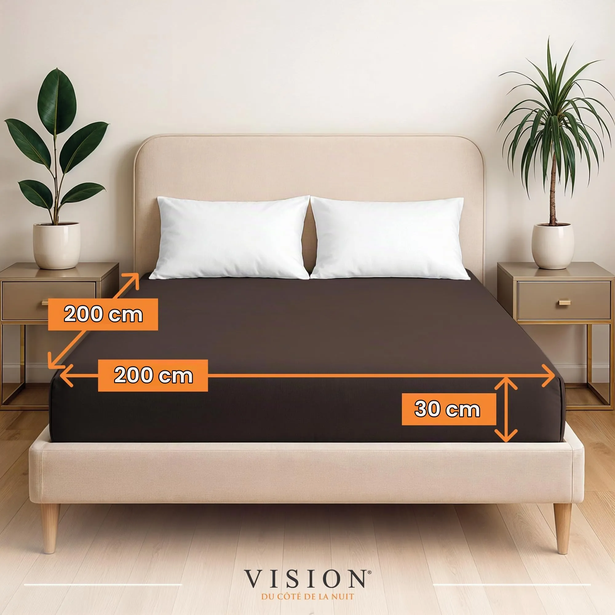 VISION Lenzuolo con angoli 100% cotone, Letto matrimoniale 200 x 200 cm, Marrone - immagine 2