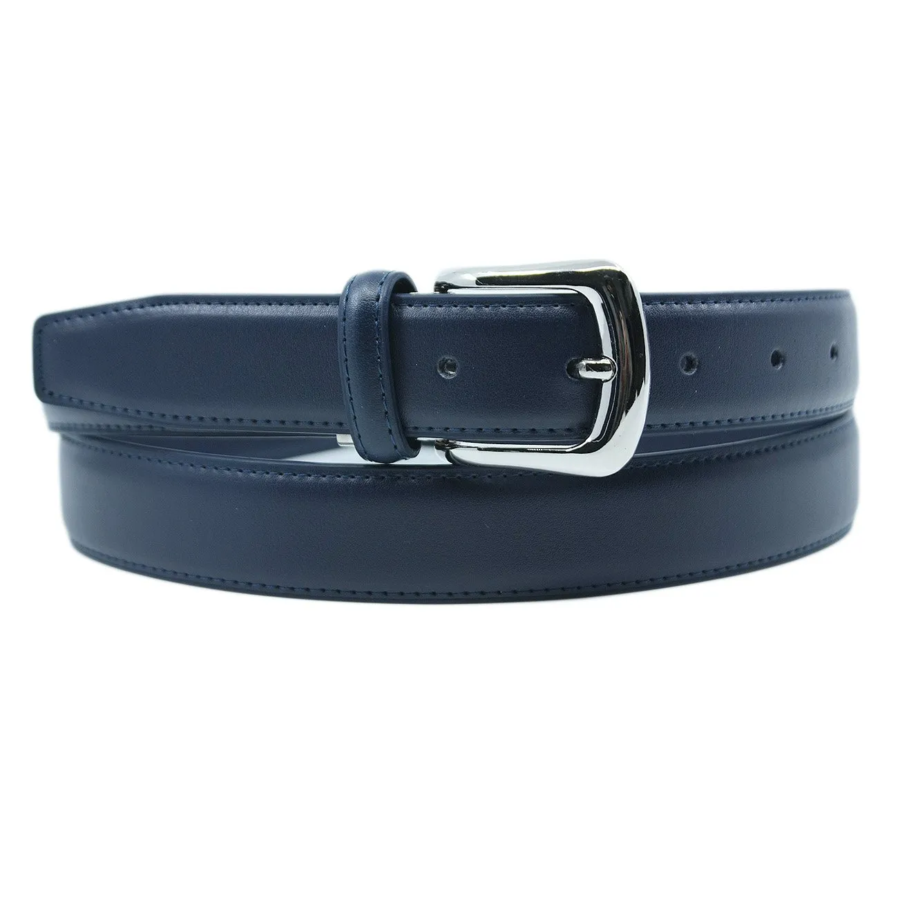 YEHMAN Cintura classica in pelle bovina, 3 cm, fibbia argento con ardiglione, Blu marino, 120 cm - immagine 2