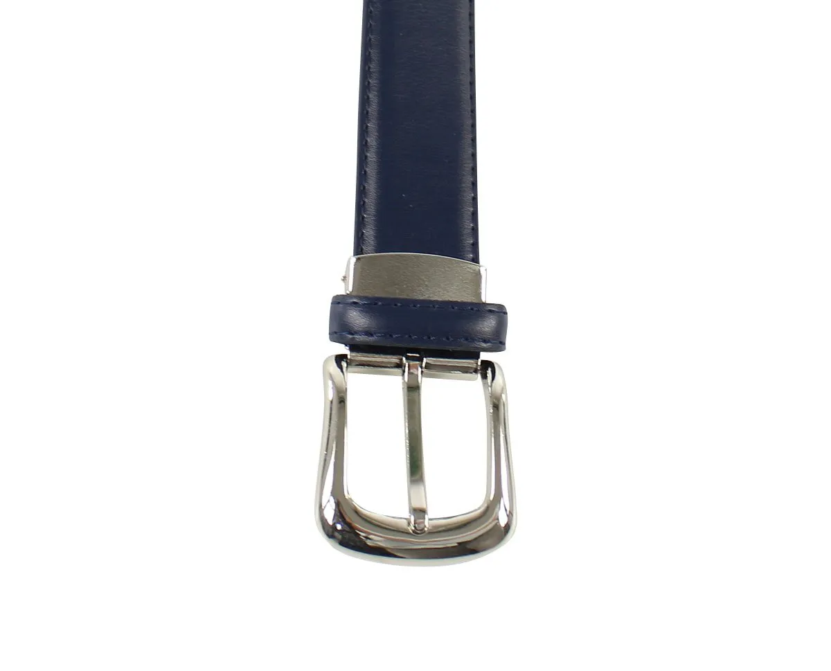 YEHMAN Cintura classica in pelle bovina, 3 cm, fibbia argento con ardiglione, Blu marino, 120 cm - immagine 3