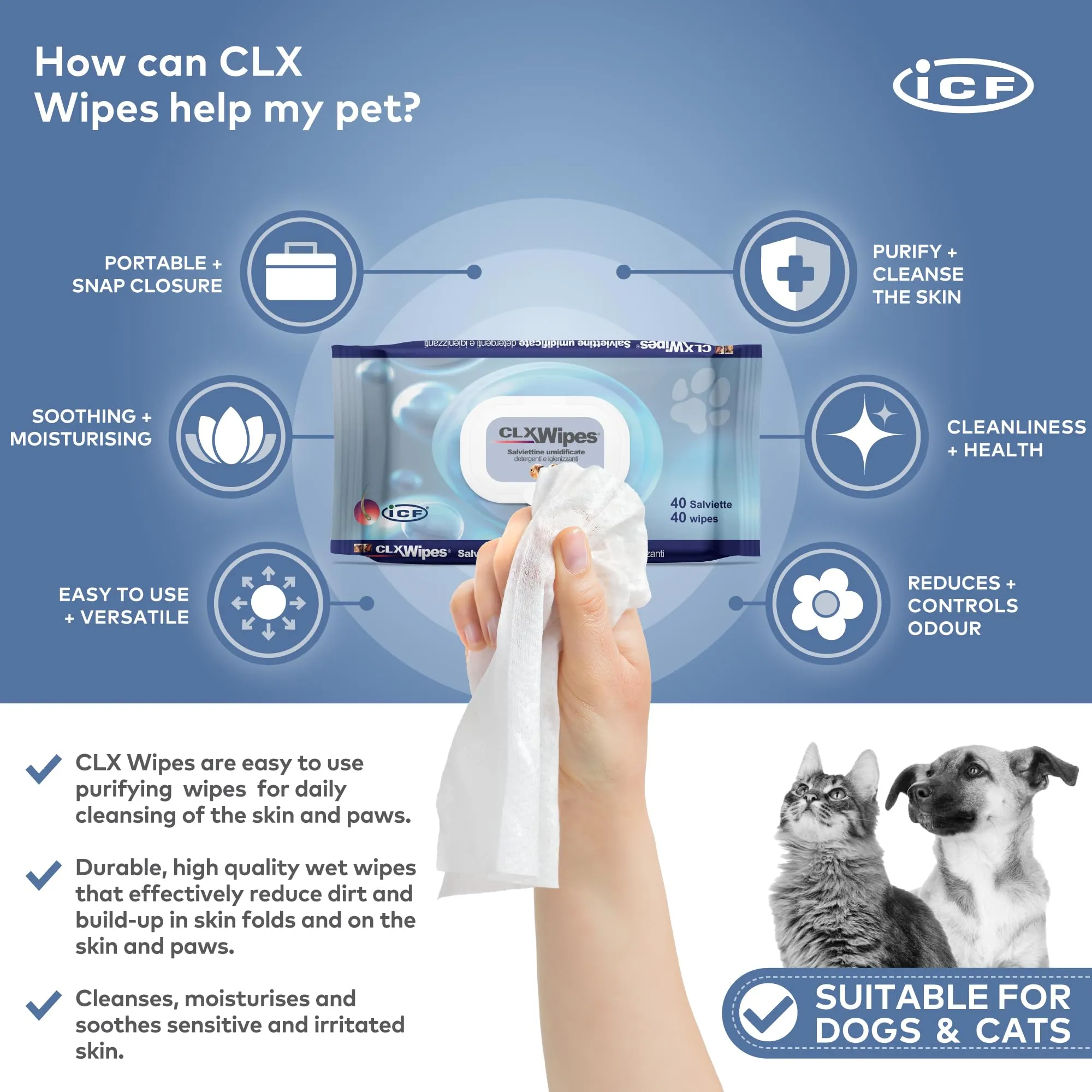 ICF CLX Salviette Detergenti Delicate per Cani e Gatti, 40 Pezzi - immagine 2