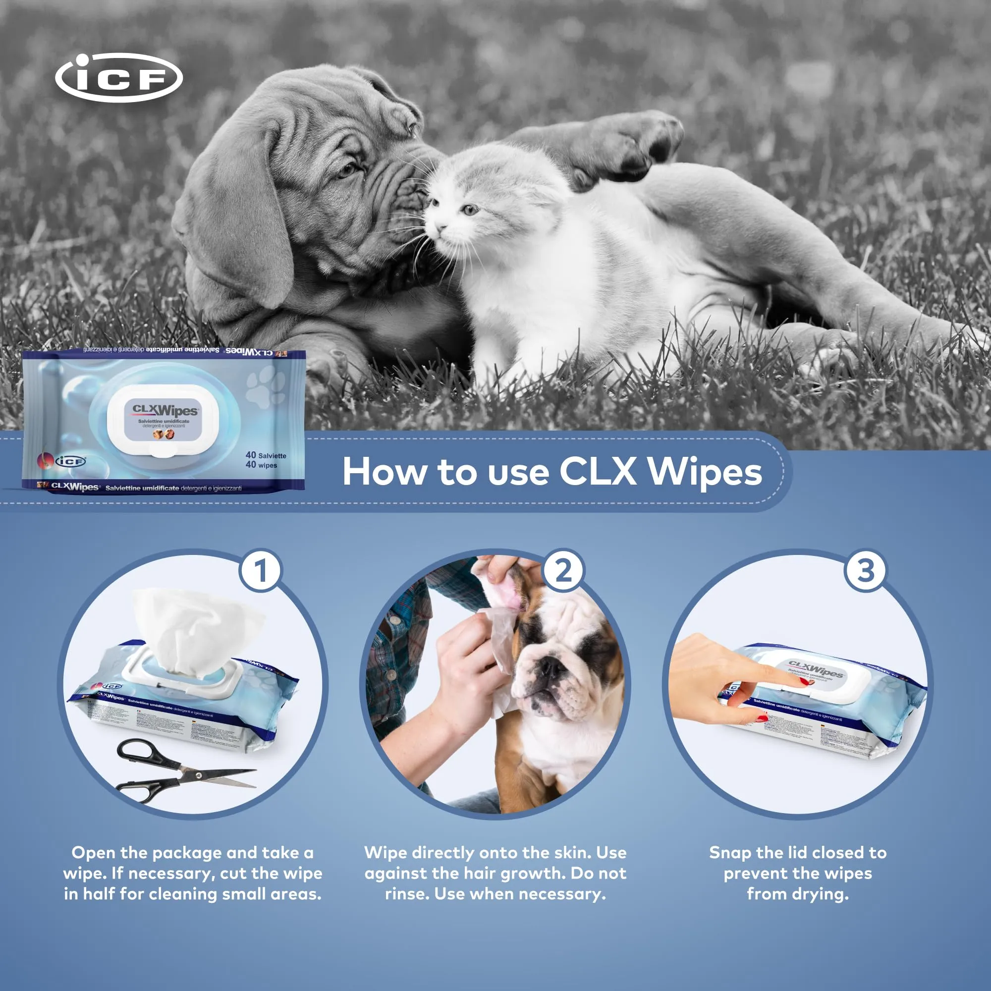 ICF CLX Salviette Detergenti Delicate per Cani e Gatti, 40 Pezzi - immagine 3