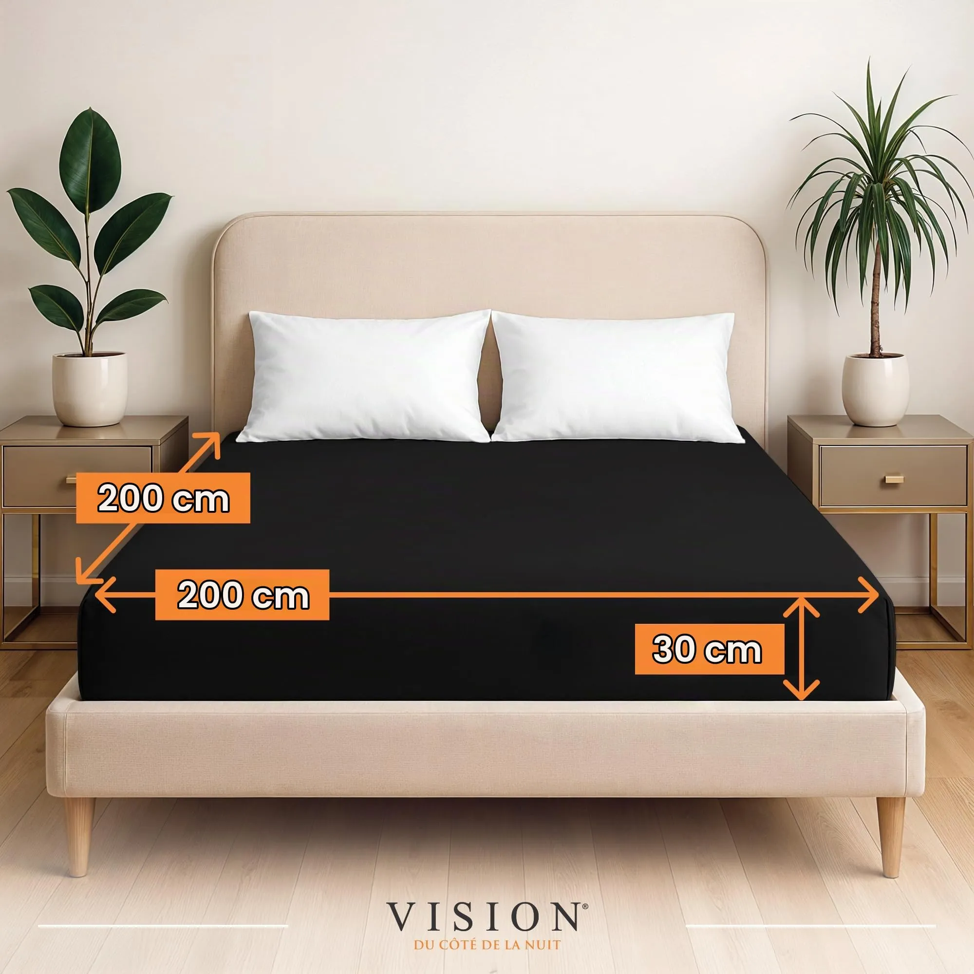 VISION Lenzuolo con angoli 100% cotone, letto matrimoniale 200 x 200 cm, nero - immagine 2