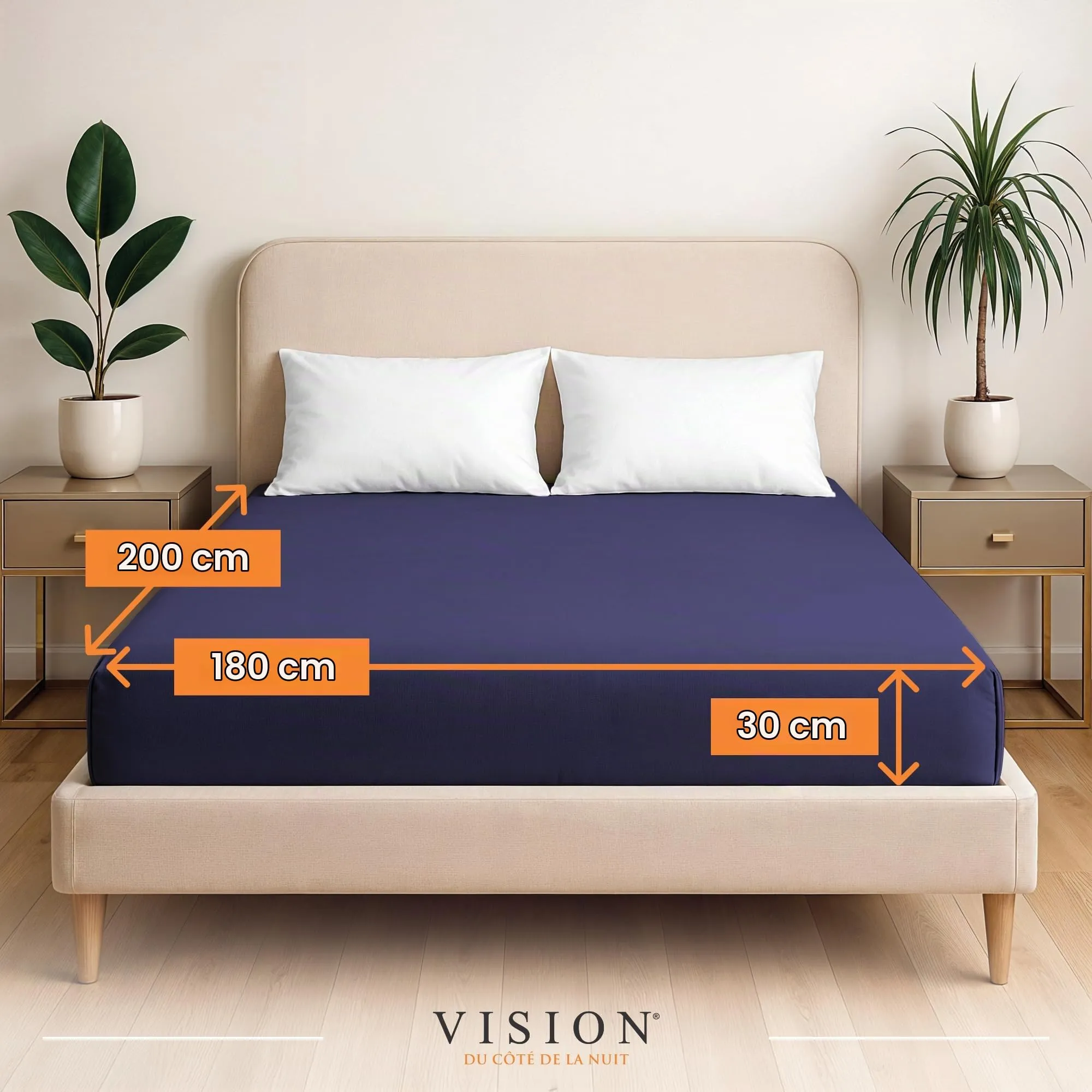VISION Lenzuolo con angoli 100% cotone, Letto matrimoniale 180 x 200 cm, Blu Navy - immagine 2