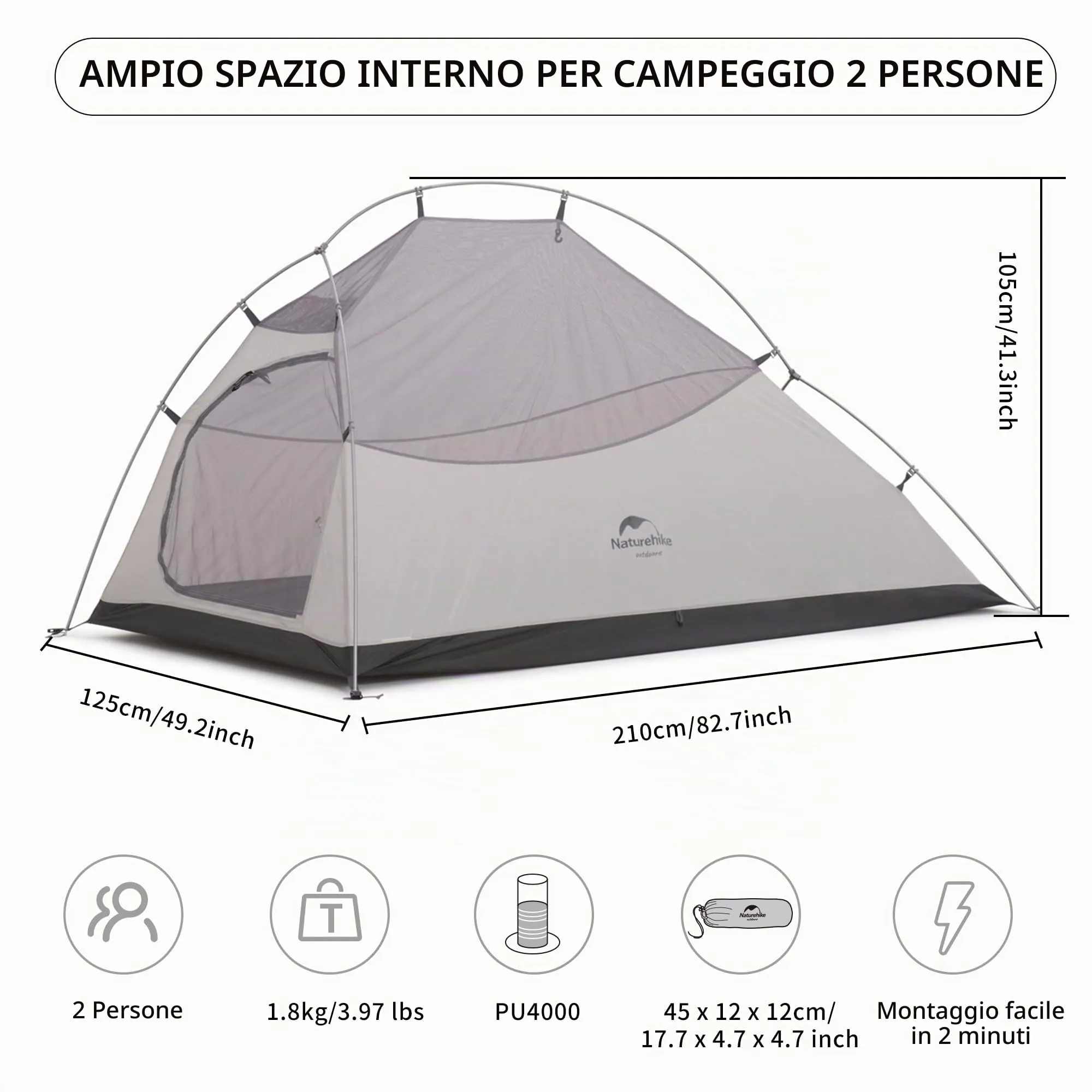 Naturehike Cloud-Up 2 Tenda da Campeggio 2 Persone 3-4 Stagioni Blu 20D - immagine 2