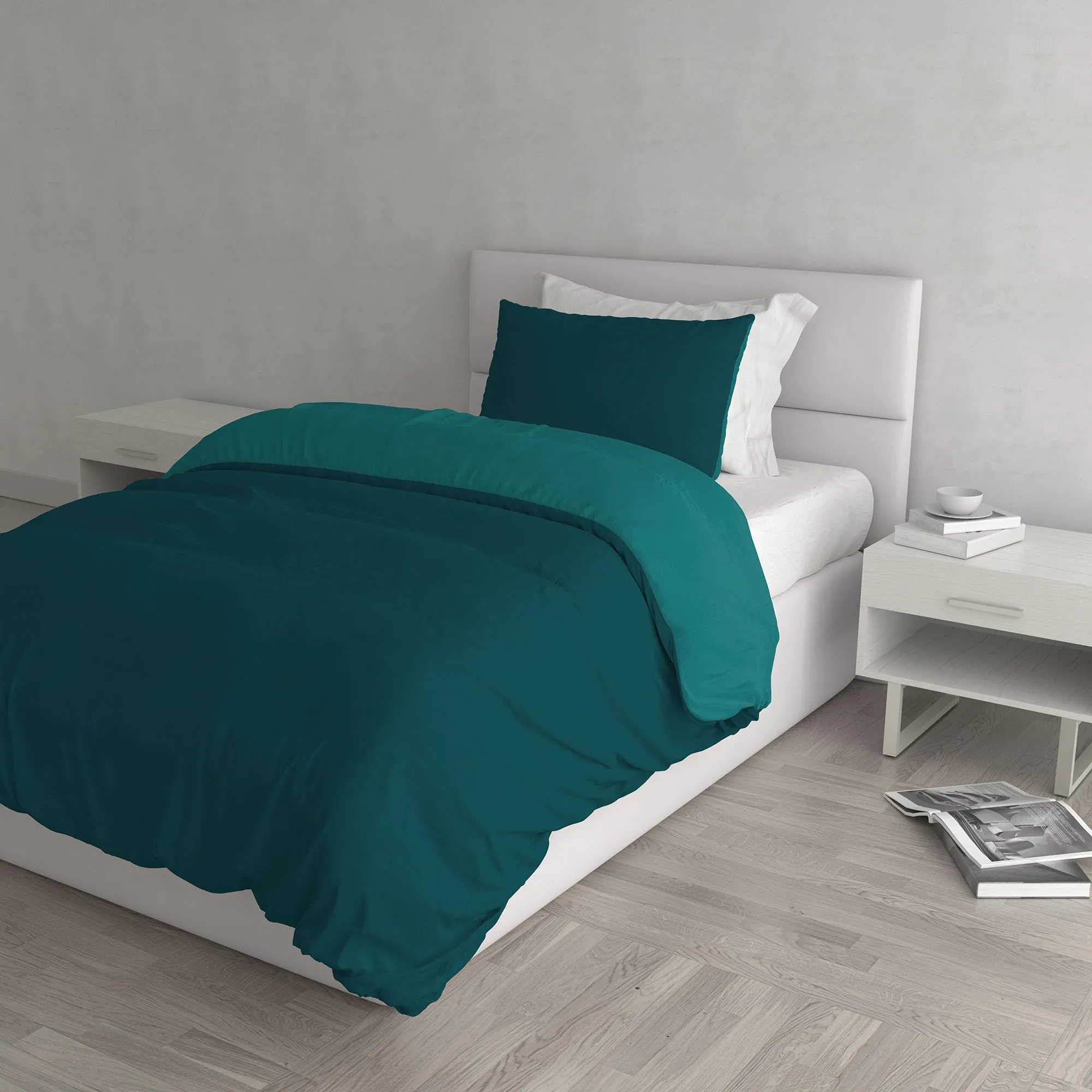 Italian Bed Linen Set Copripiumino 100% Cotone, Singolo, 150x200 cm, Verde Petrolio/Verde Bottiglia - immagine 1