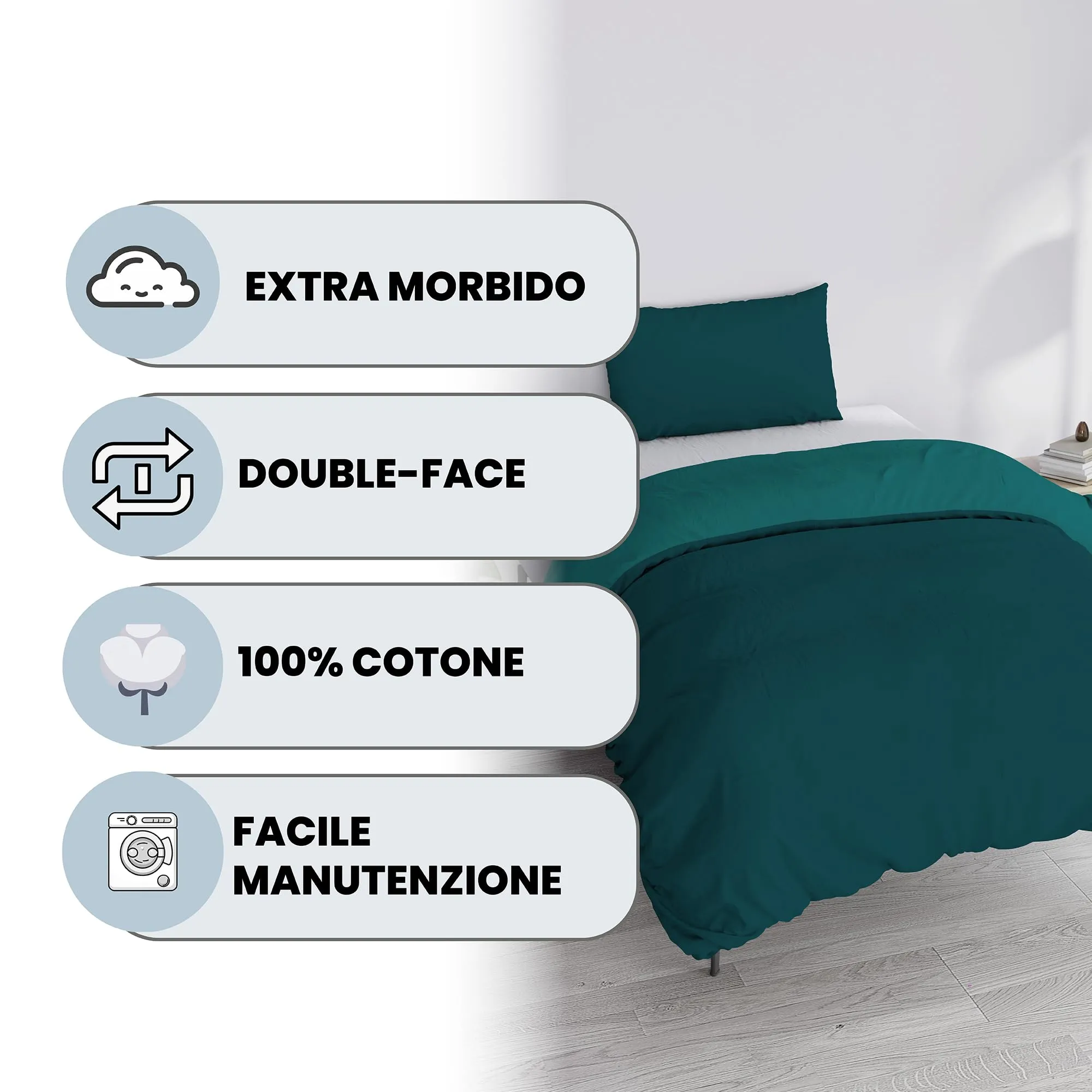 Italian Bed Linen Set Copripiumino 100% Cotone, Singolo, 150x200 cm, Verde Petrolio/Verde Bottiglia - immagine 2
