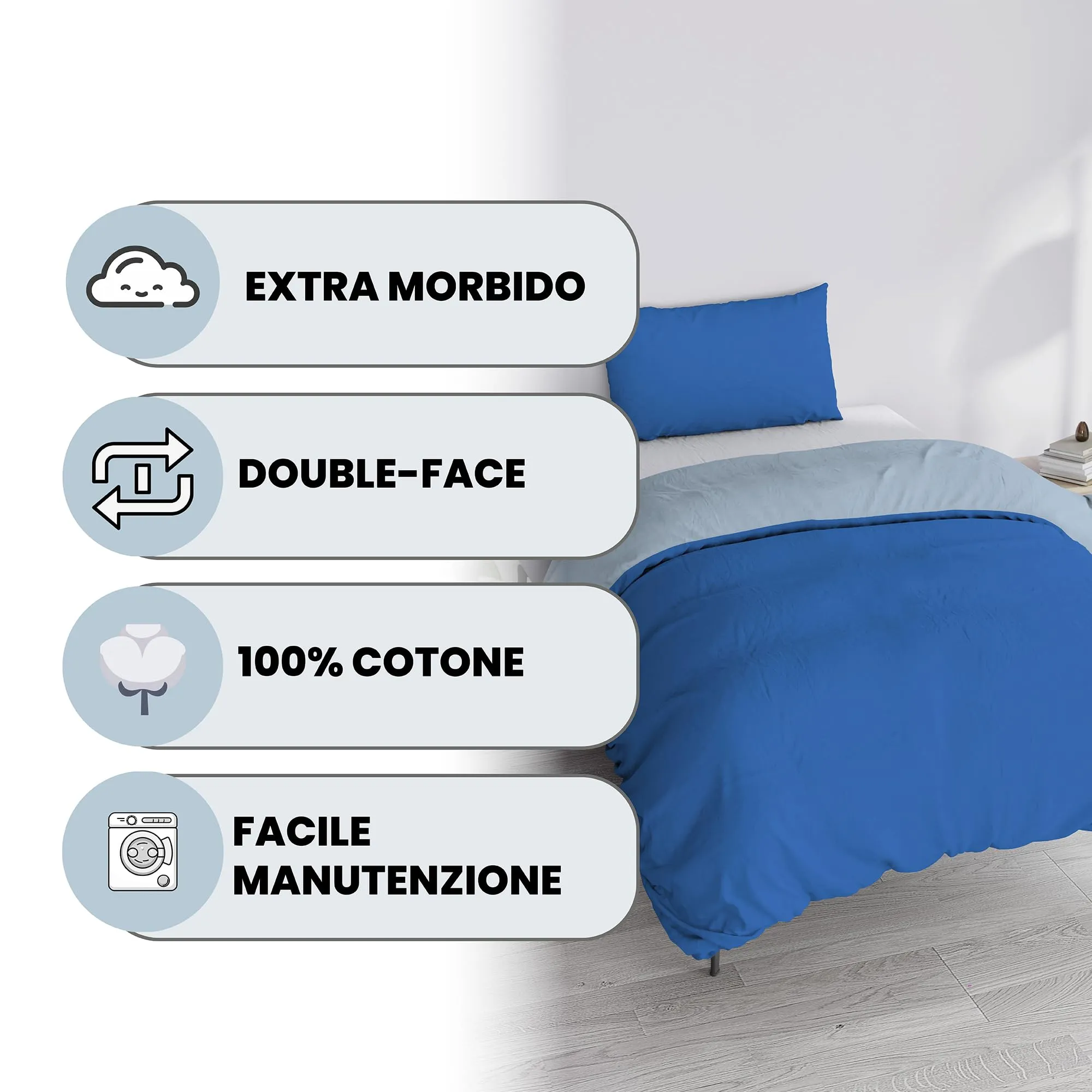 Italian Bed Linen Set Copripiumino 100% Cotone, 200x200 cm, Piazza e Mezza, Royal/Azzurro - immagine 2