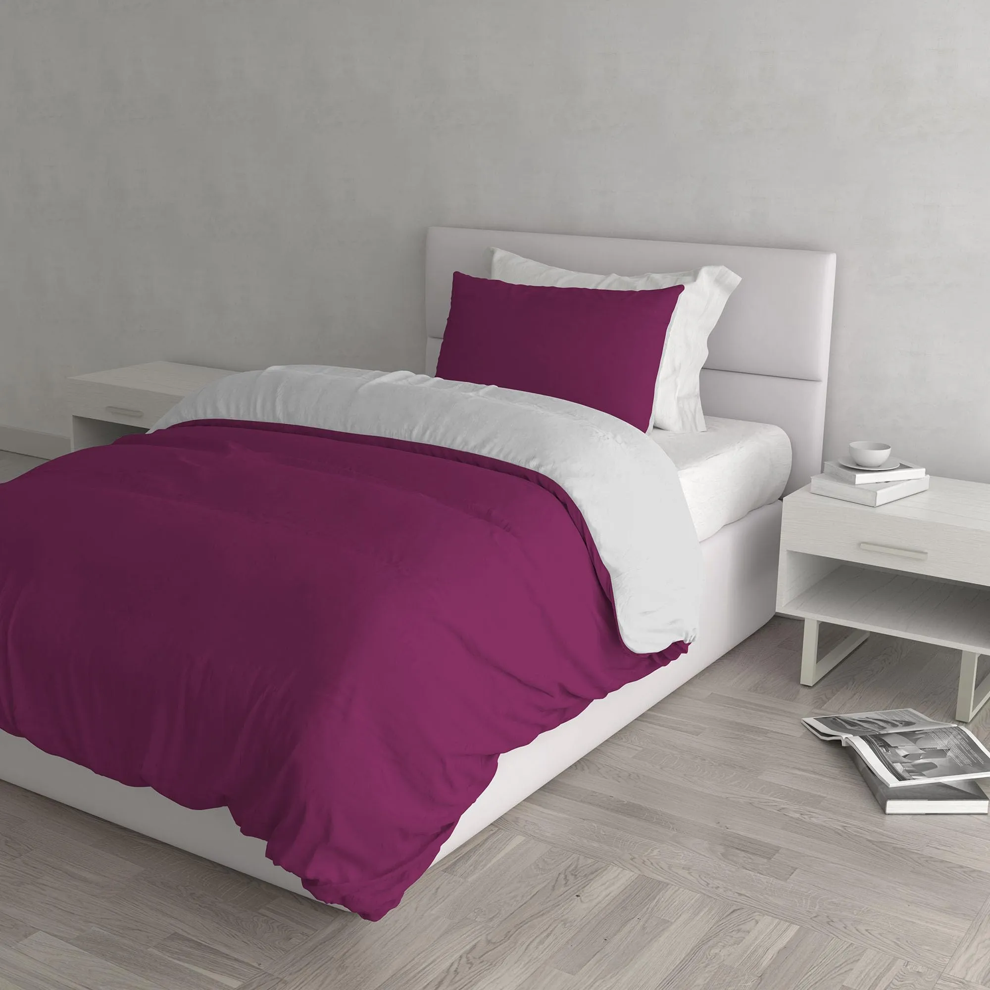 Italian Bed Linen Set Copripiumino 100% Cotone, 200x200 cm, Piazza e Mezza, Fucsia/Grigio Chiaro - immagine 1