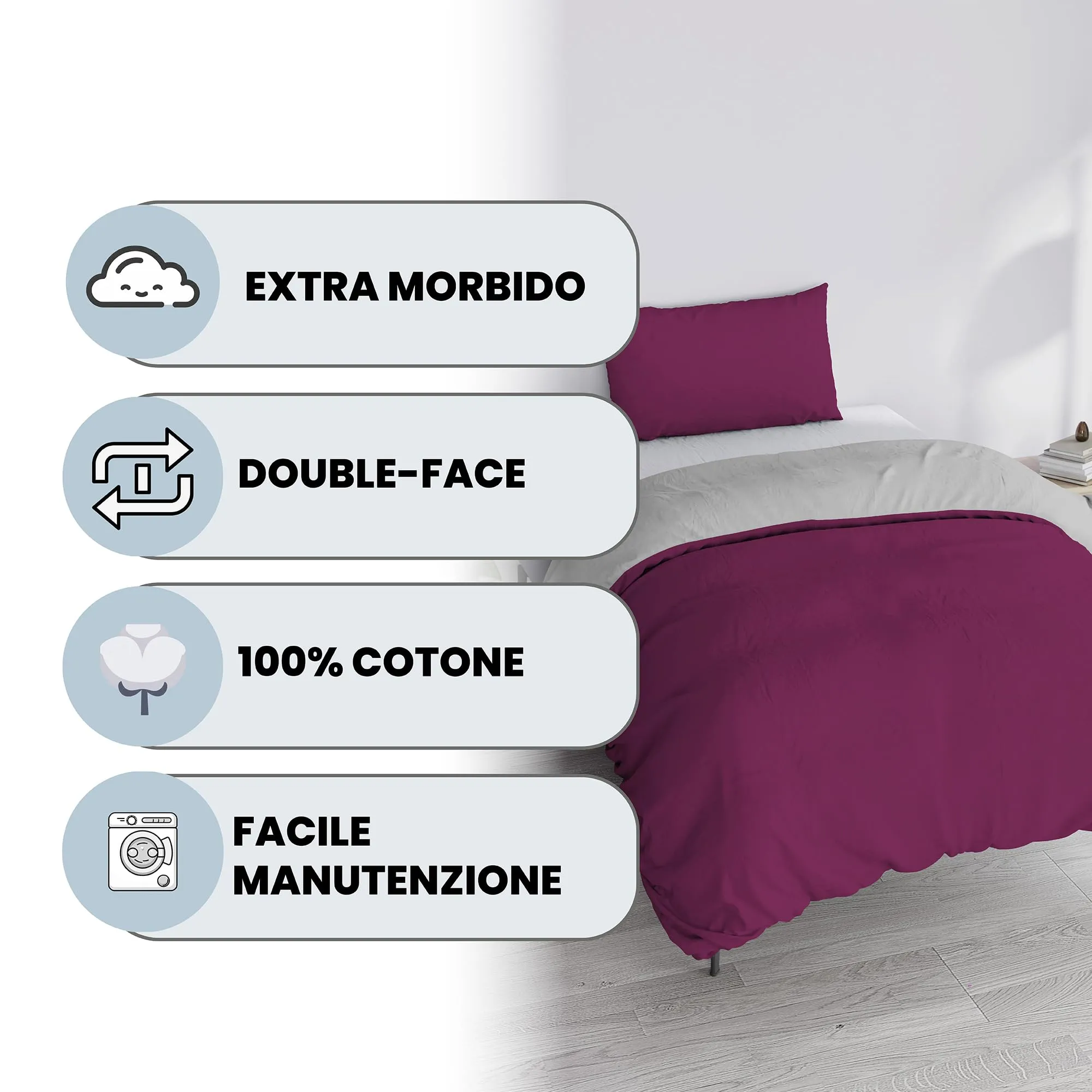 Italian Bed Linen Set Copripiumino 100% Cotone, 200x200 cm, Piazza e Mezza, Fucsia/Grigio Chiaro - immagine 2