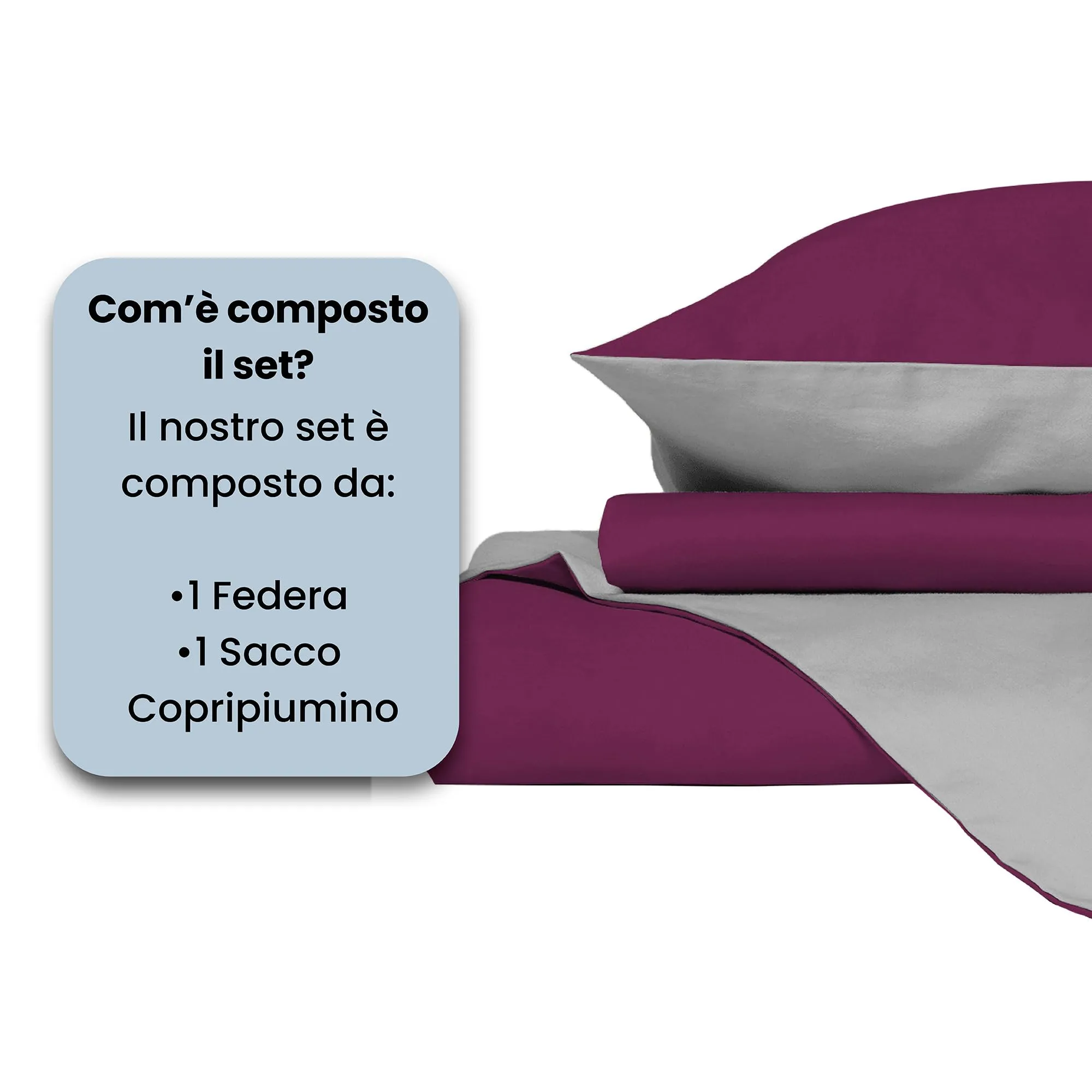 Italian Bed Linen Set Copripiumino 100% Cotone, 200x200 cm, Piazza e Mezza, Fucsia/Grigio Chiaro - immagine 4