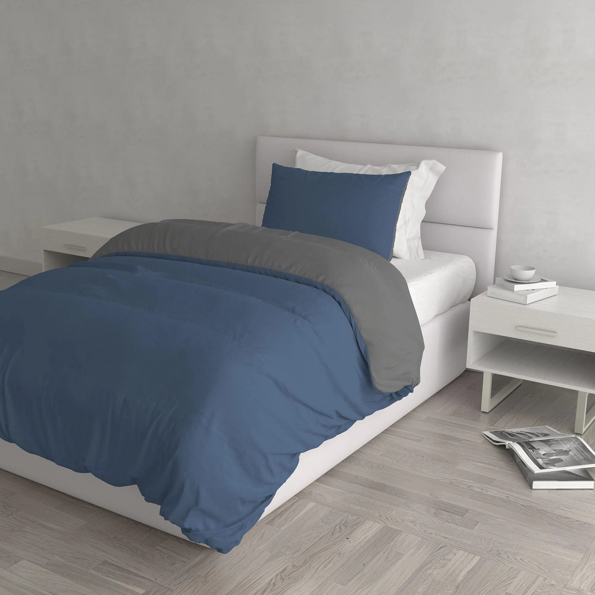 Italian Bed Linen Set Copripiumino 100% Cotone Natural Color, 200x200 cm, Piazza e Mezza, Avio/Grigio Scuro - immagine 1