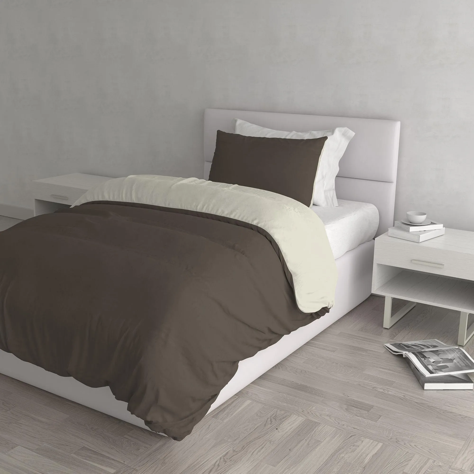 Italian Bed Linen Set Copripiumino 100% Cotone Natural Color, 200x200 cm, Piazza e Mezza, Marrone/Panna - immagine 1