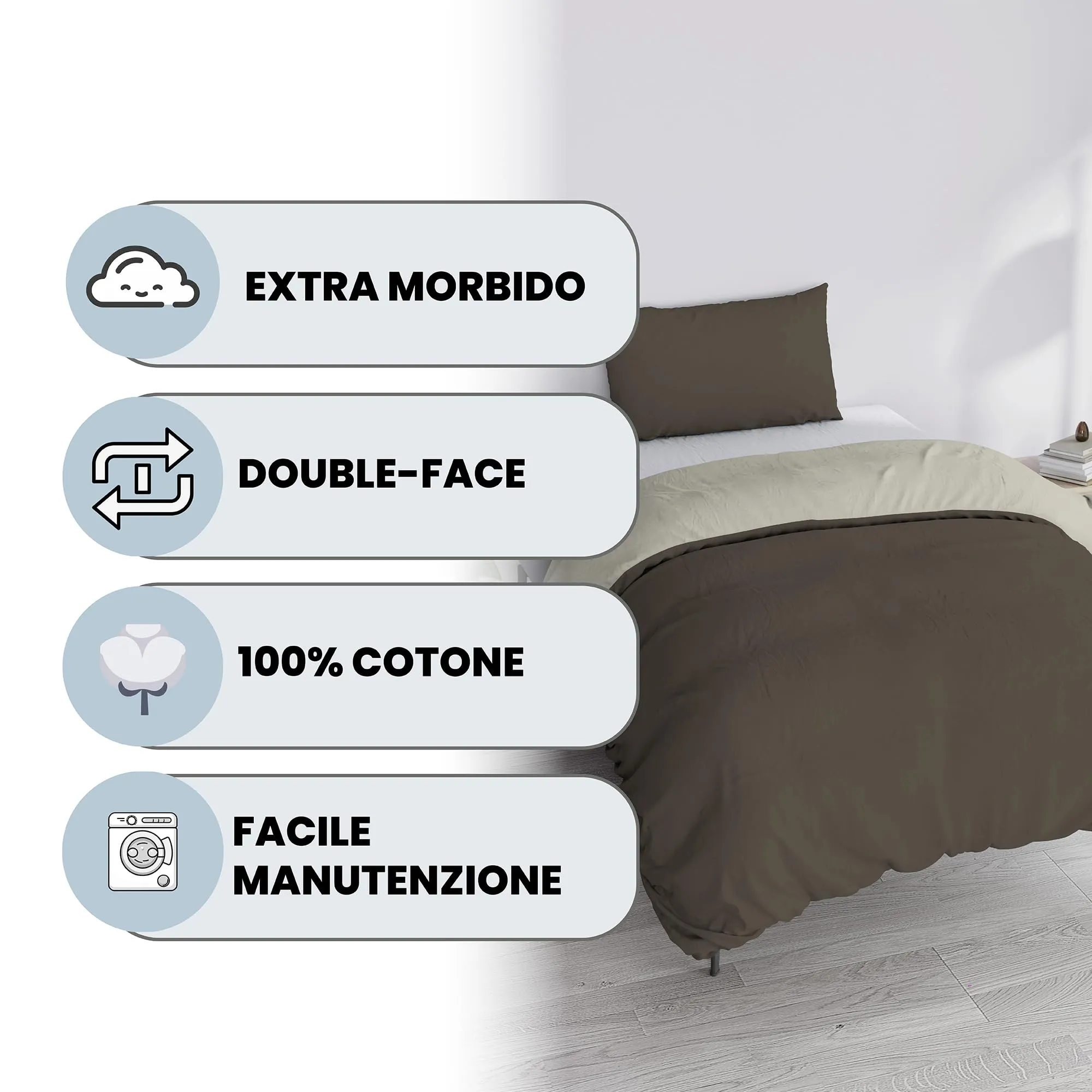 Italian Bed Linen Set Copripiumino 100% Cotone Natural Color, 200x200 cm, Piazza e Mezza, Marrone/Panna - immagine 2