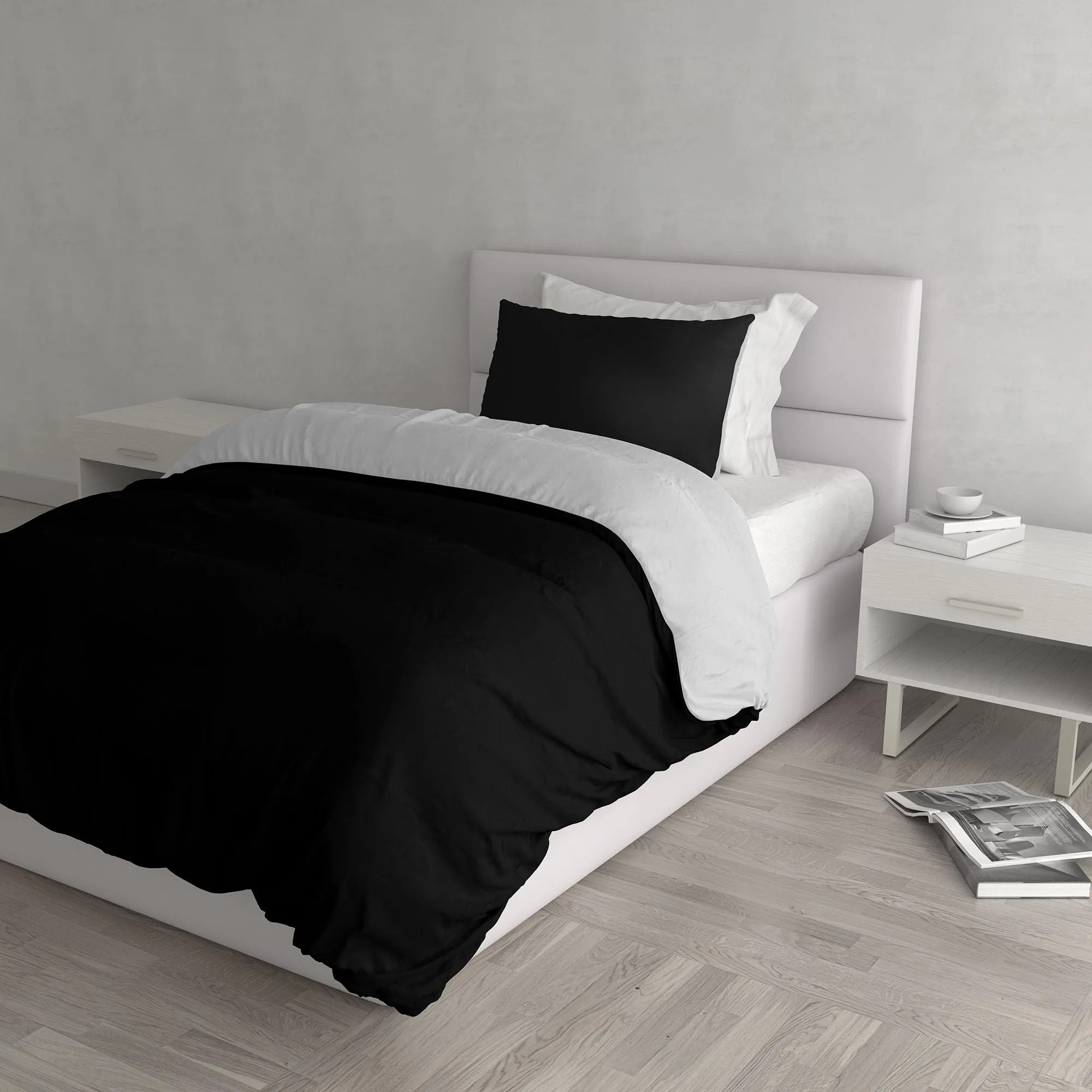 Italian Bed Linen Set Copripiumino 100% Cotone, 200x200 cm, Piazza e Mezza, Nero/Grigio Chiaro - immagine 1