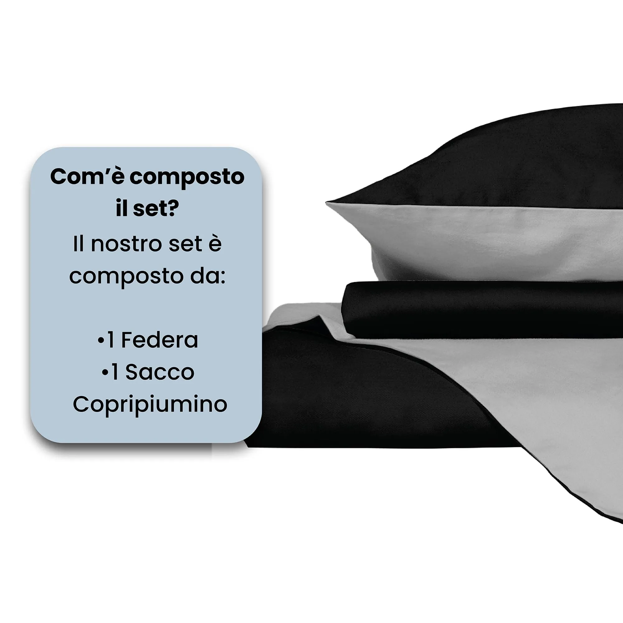Italian Bed Linen Set Copripiumino 100% Cotone, 200x200 cm, Piazza e Mezza, Nero/Grigio Chiaro - immagine 4