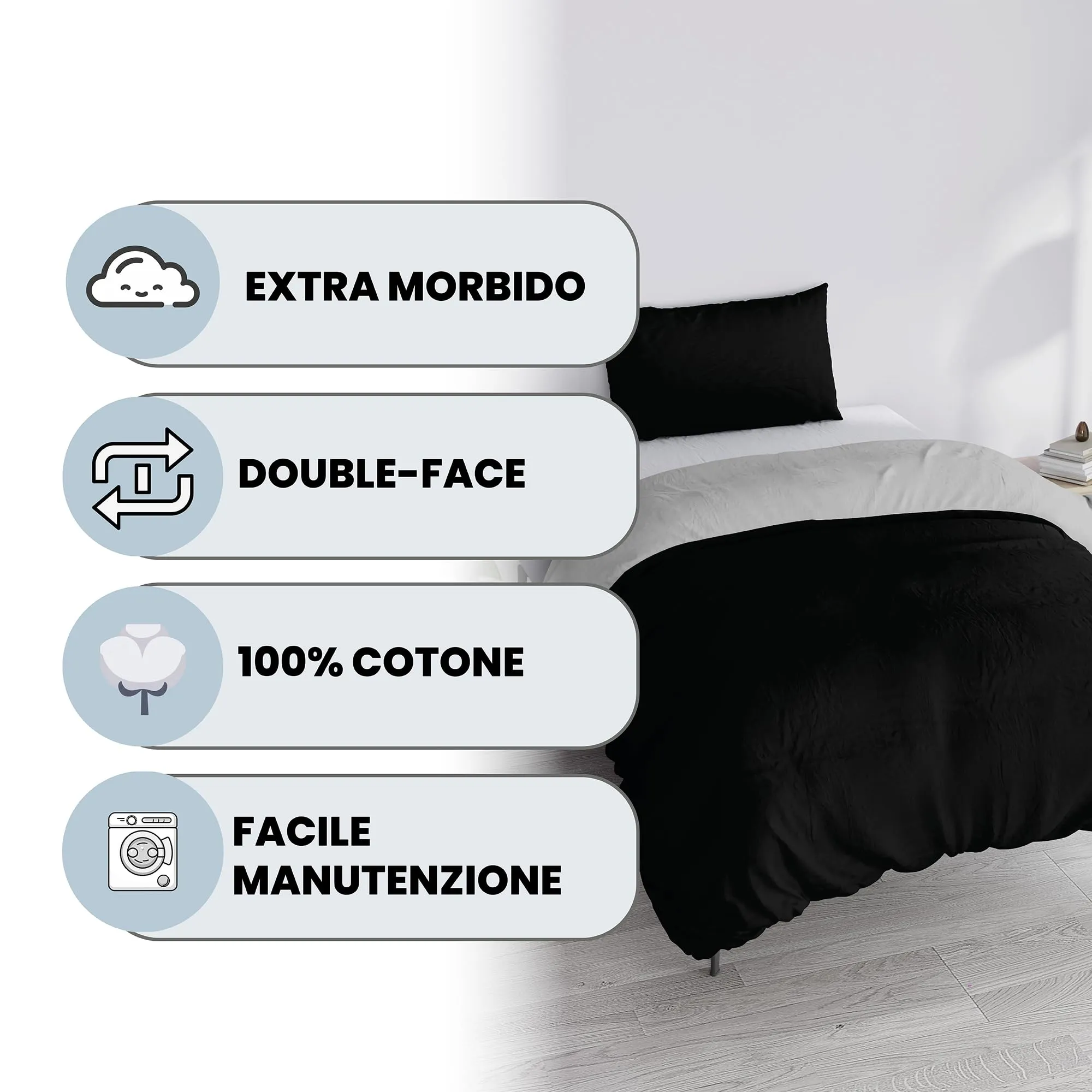 Italian Bed Linen Set Copripiumino 100% Cotone, Singolo, 150x200 cm, Nero/Grigio Chiaro - immagine 2