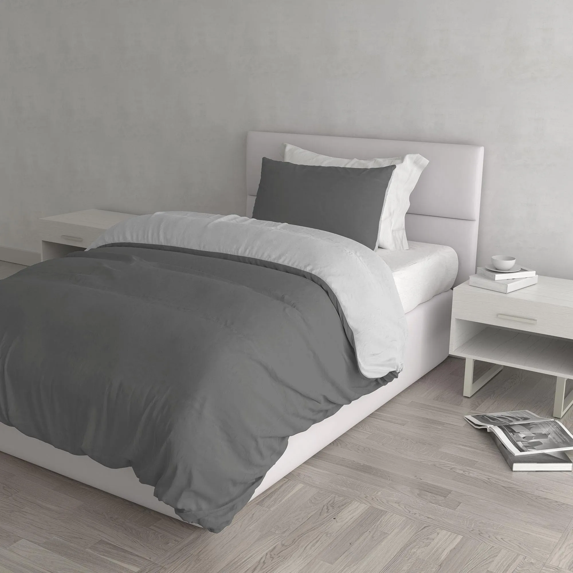 Italian Bed Linen Set Copripiumino 100% Cotone, Piazza e Mezza, 200x200 cm, Grigio Scuro/Grigio Chiaro - immagine 1