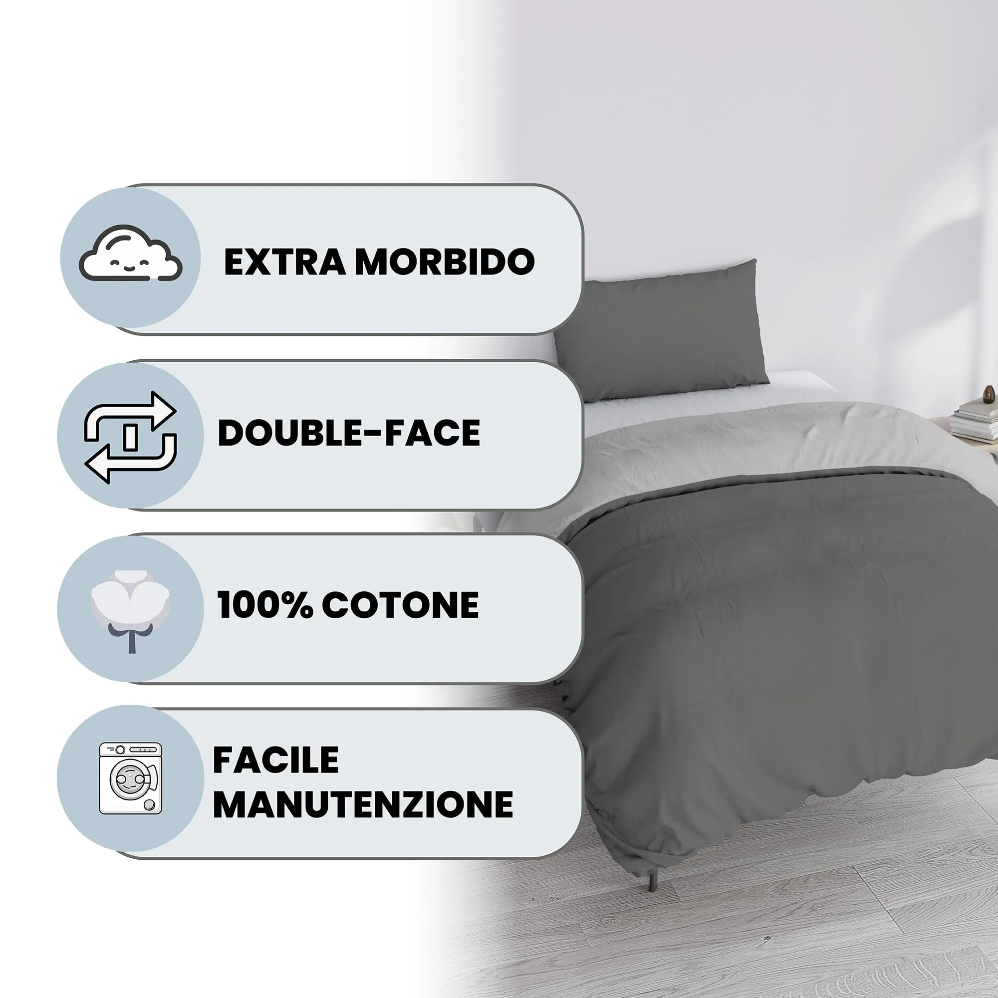 Italian Bed Linen Set Copripiumino 100% Cotone, Piazza e Mezza, 200x200 cm, Grigio Scuro/Grigio Chiaro - immagine 2