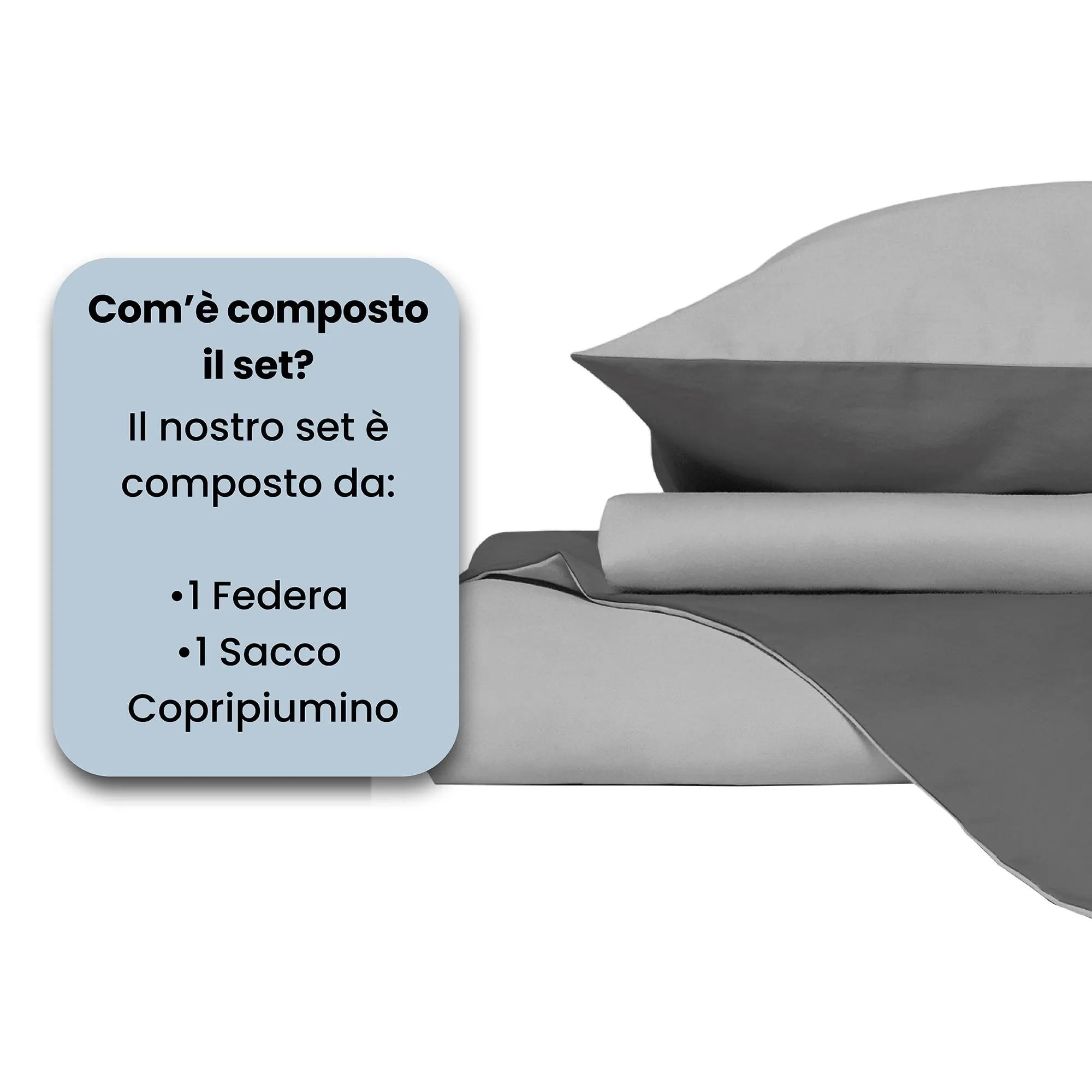 Italian Bed Linen Set Copripiumino 100% Cotone, Piazza e Mezza, 200x200 cm, Grigio Scuro/Grigio Chiaro - immagine 4