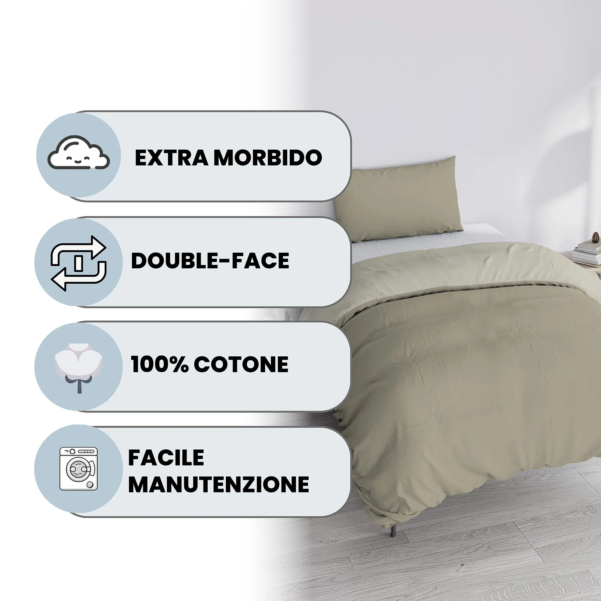 Italian Bed Linen Set Copripiumino 100% Cotone, Singolo, 150x200 cm, Tortora/Panna - immagine 2