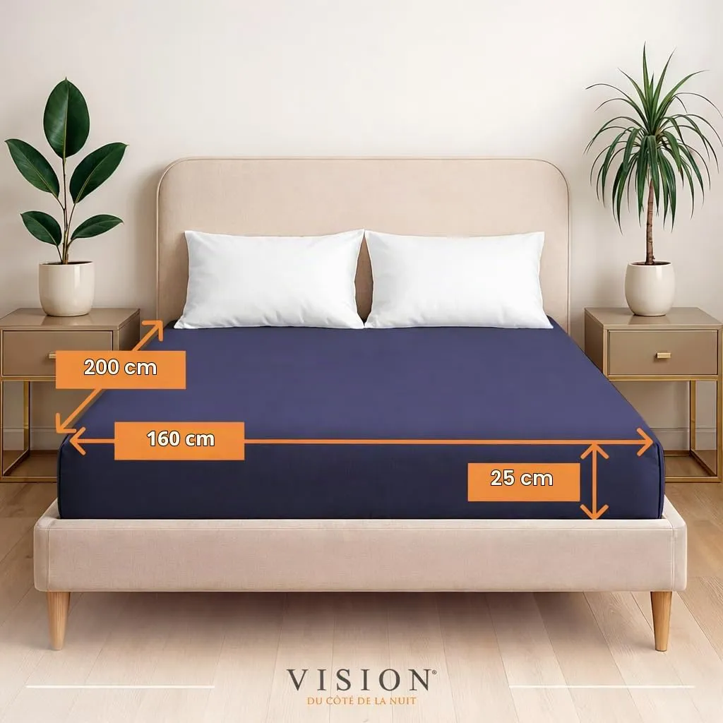 VISION Lenzuolo con angoli 100% cotone, 160 x 200 cm, Blu Navy - immagine 2
