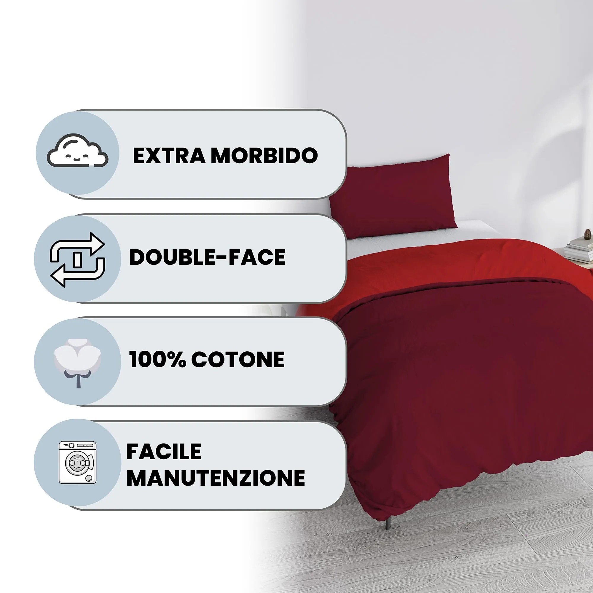 Italian Bed Linen Set Copripiumino 100% Cotone, 200x200 cm, Piazza e Mezza, Bordeaux/Rosso - immagine 2