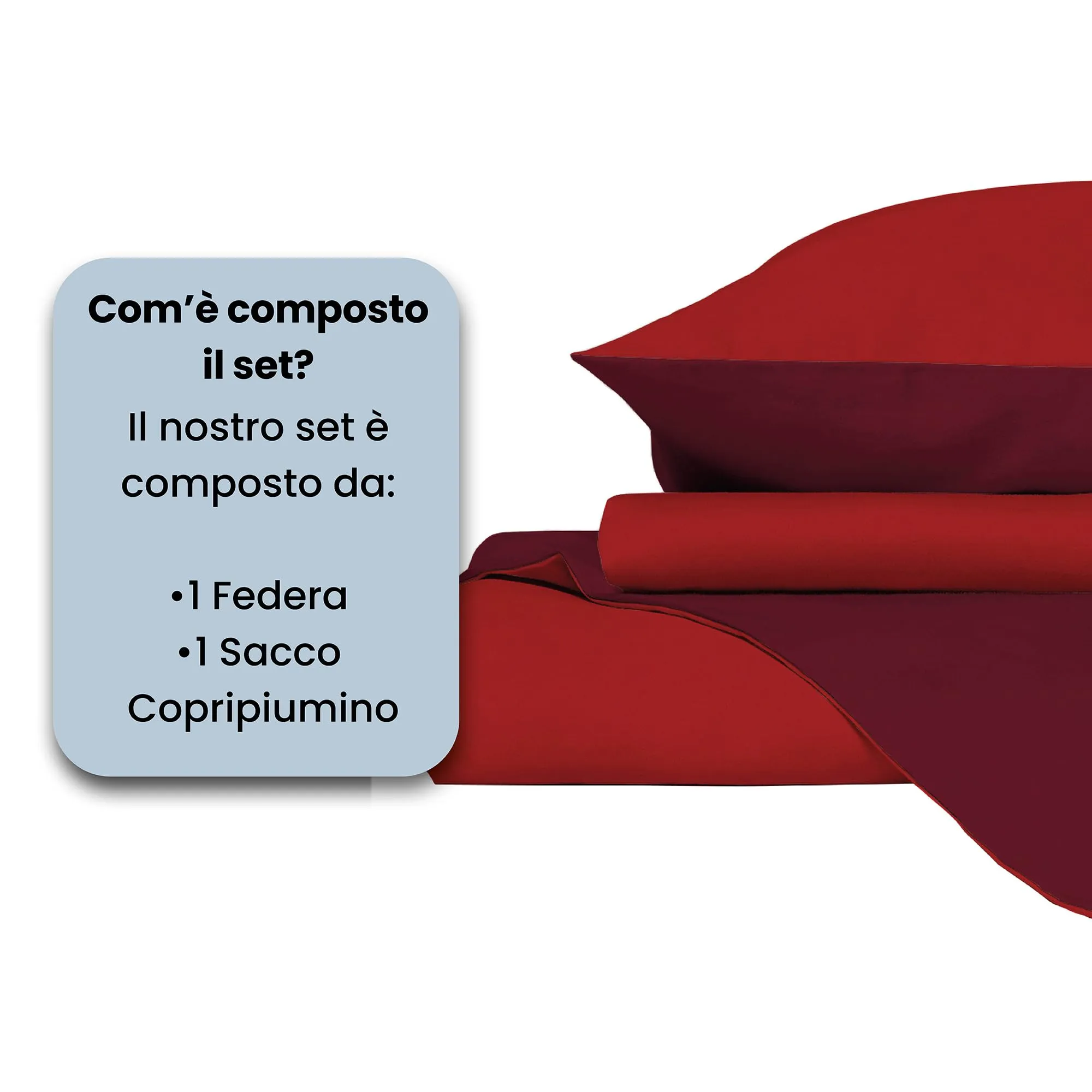 Italian Bed Linen Set Copripiumino 100% Cotone, 200x200 cm, Piazza e Mezza, Bordeaux/Rosso - immagine 4