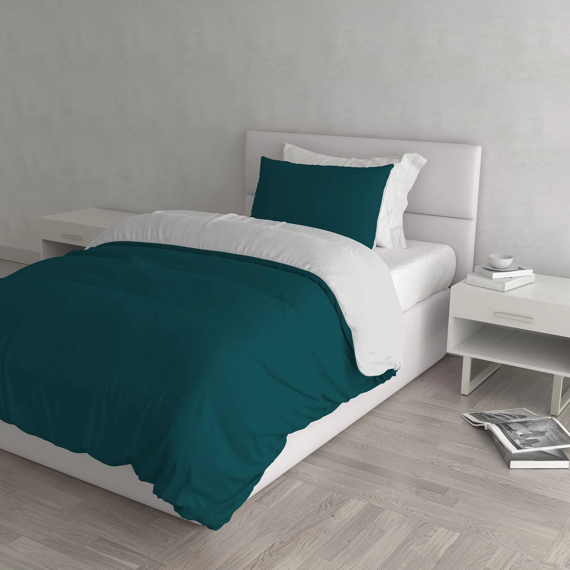 Italian Bed Linen Set Copripiumino 100% Cotone, 200x200 cm, Piazza e Mezza, Petrolio/Grigio Chiaro - immagine 1