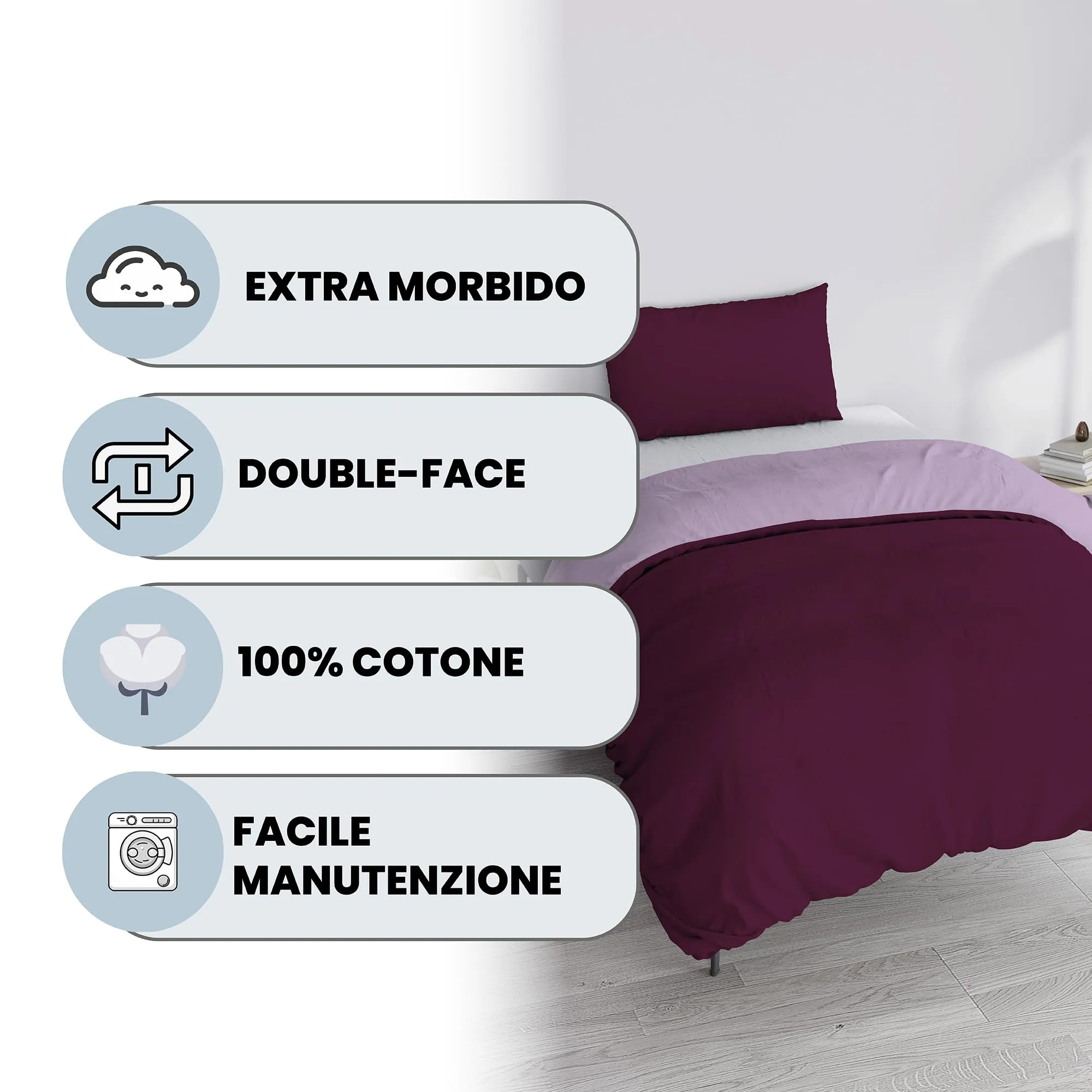 Italian Bed Linen Set Copripiumino 100% Cotone Natural Color, 200x200 cm, Piazza e Mezza, Prugna/Lilla - immagine 2
