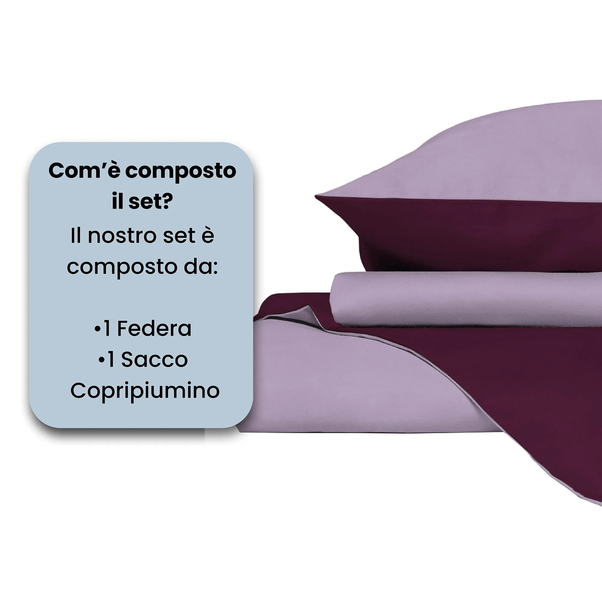 Italian Bed Linen Set Copripiumino 100% Cotone Natural Color, 200x200 cm, Piazza e Mezza, Prugna/Lilla - immagine 4