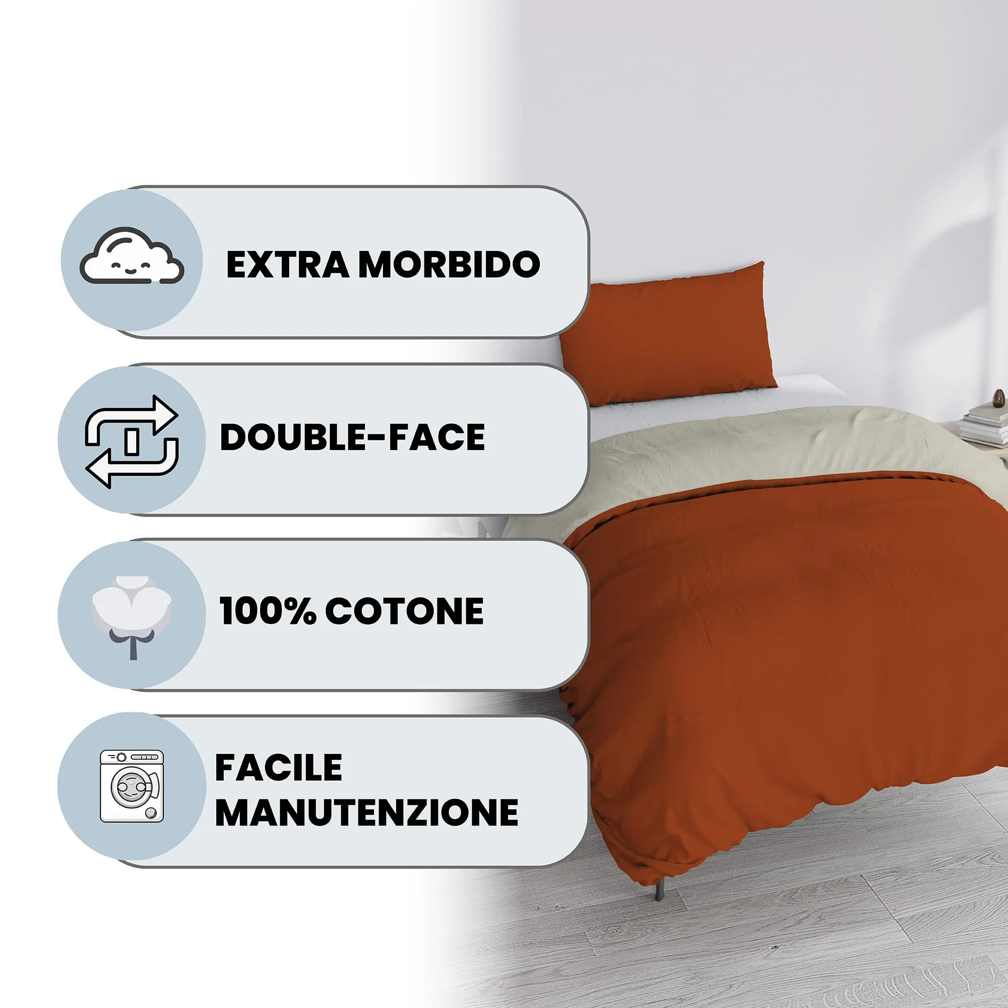Italian Bed Linen Set Copripiumino 100% Cotone, 200x200 cm, Piazza e Mezza, Terra/Panna - immagine 2