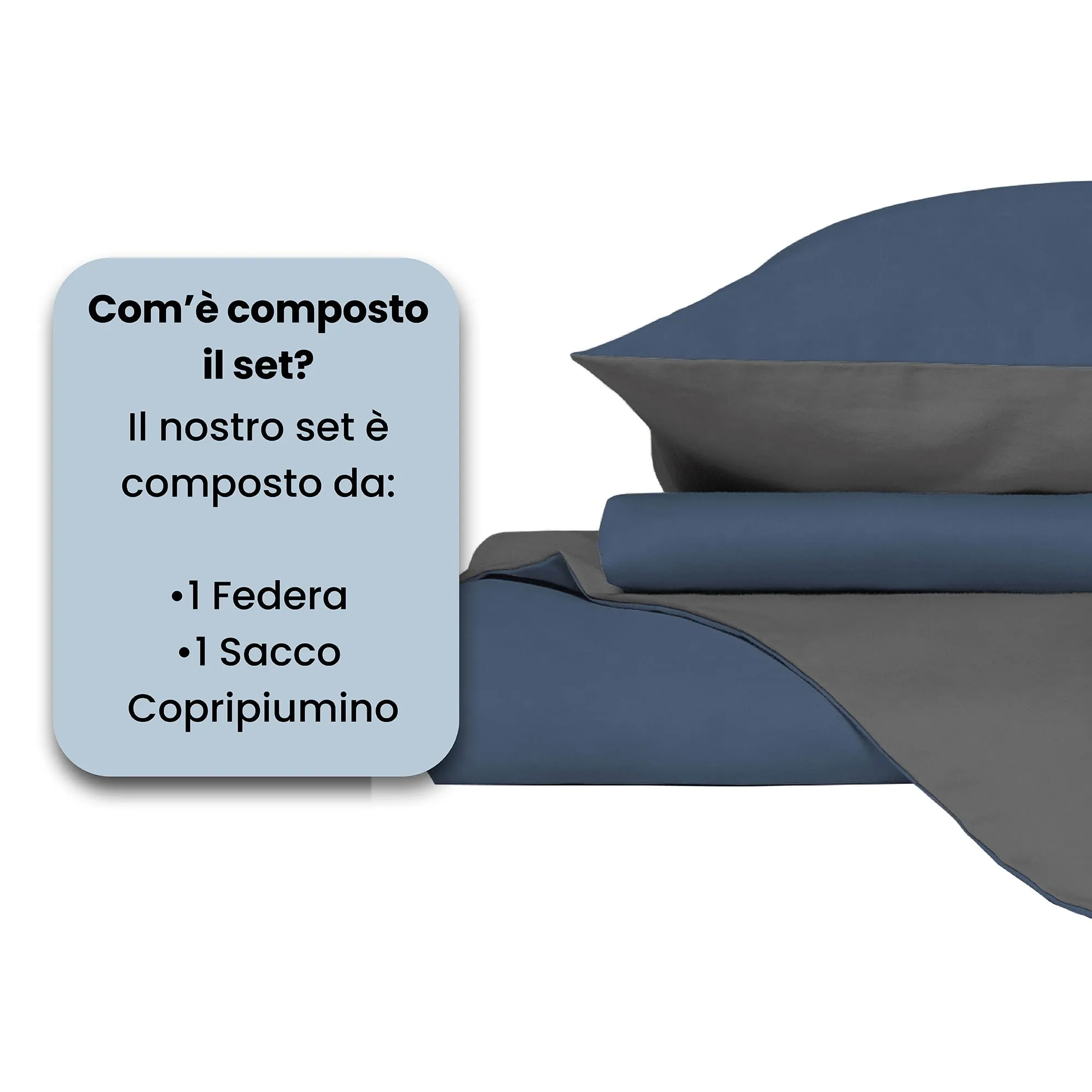 Italian Bed Linen Set Copripiumino 100% Cotone Natural Color, Sacco Piumone 150x200 cm con Doppia Patella e Federa, Singolo, Avio/Grigio Scuro - immagine 4