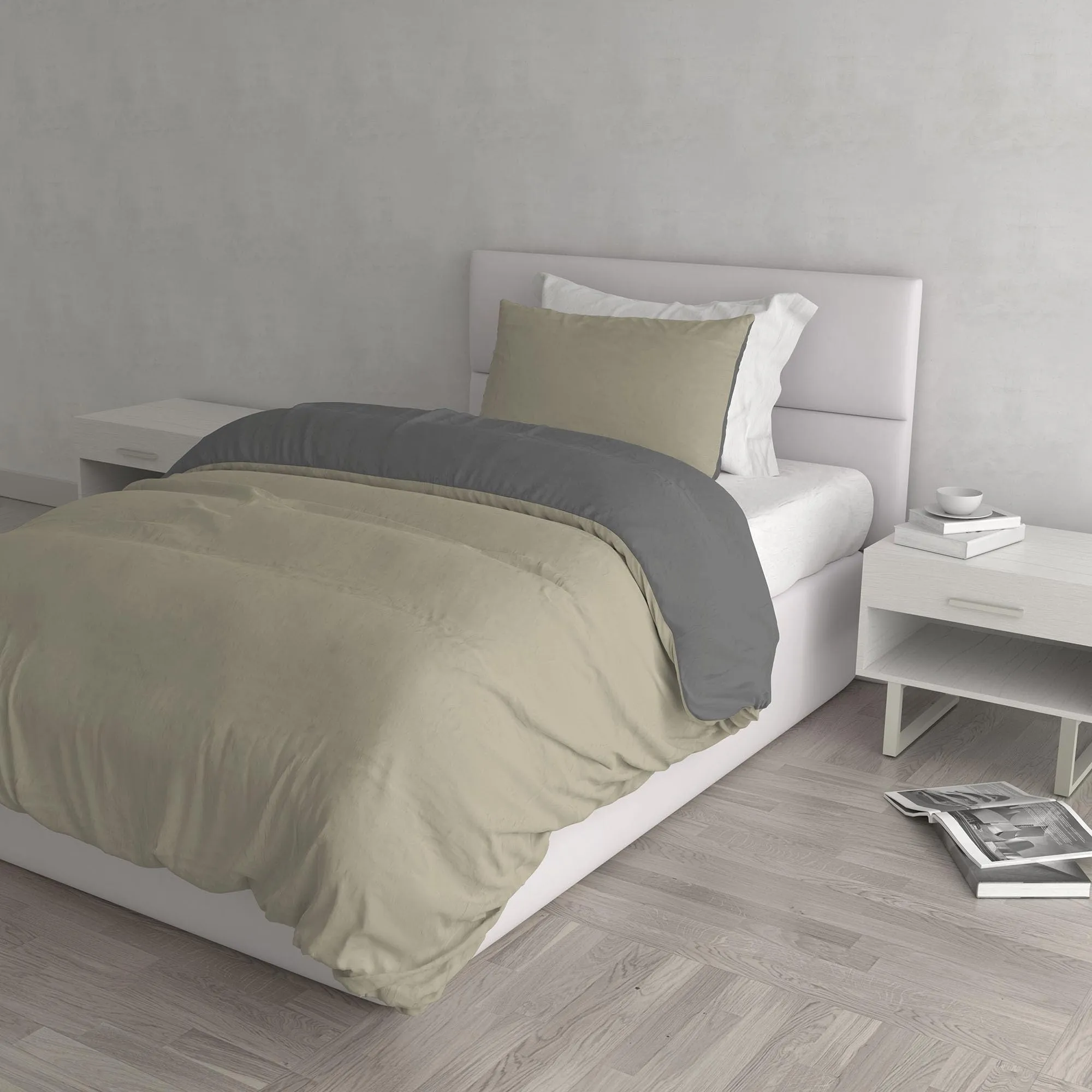 Italian Bed Linen Set Copripiumino 100% Cotone, 200x200 cm, Piazza e Mezza, Tortora/Grigio Scuro - immagine 1