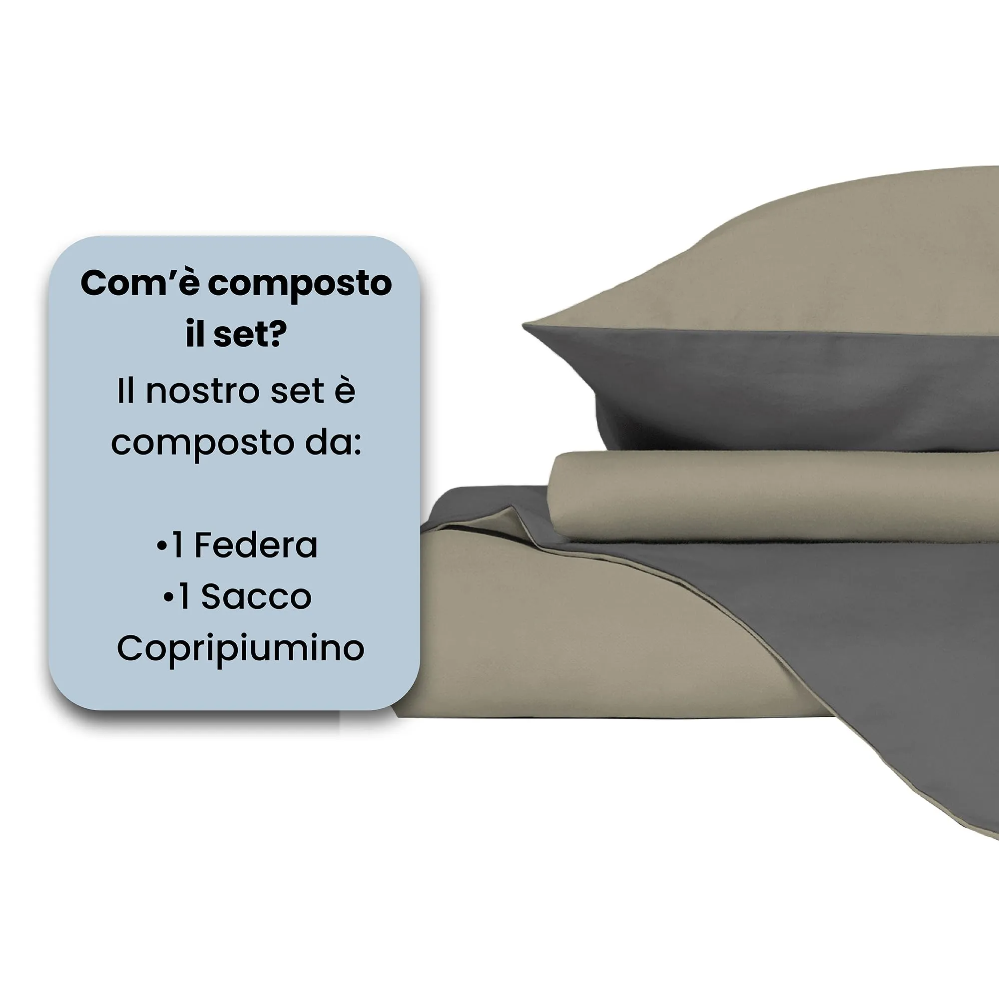 Italian Bed Linen Set Copripiumino 100% Cotone, 200x200 cm, Piazza e Mezza, Tortora/Grigio Scuro - immagine 4