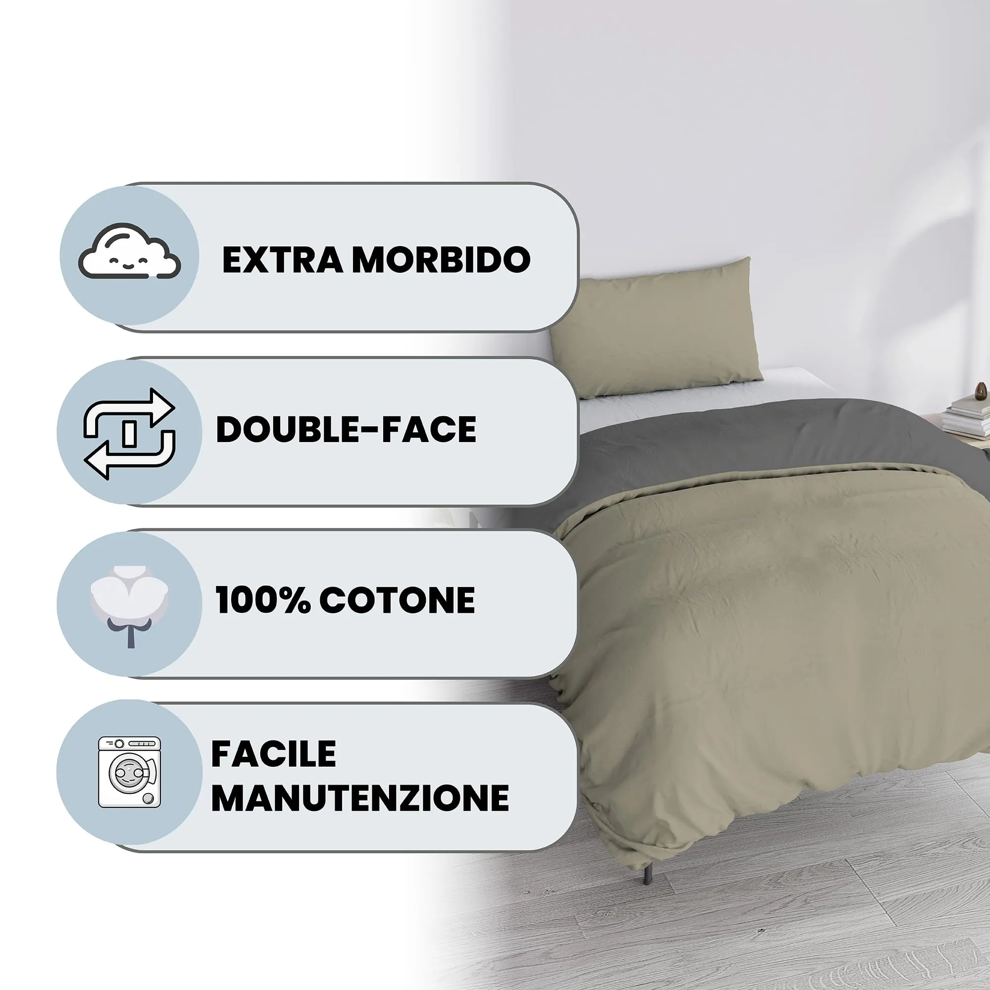 Italian Bed Linen Set Copripiumino 100% Cotone, Singolo, 150x200 cm, Tortora/Grigio Scuro - immagine 2