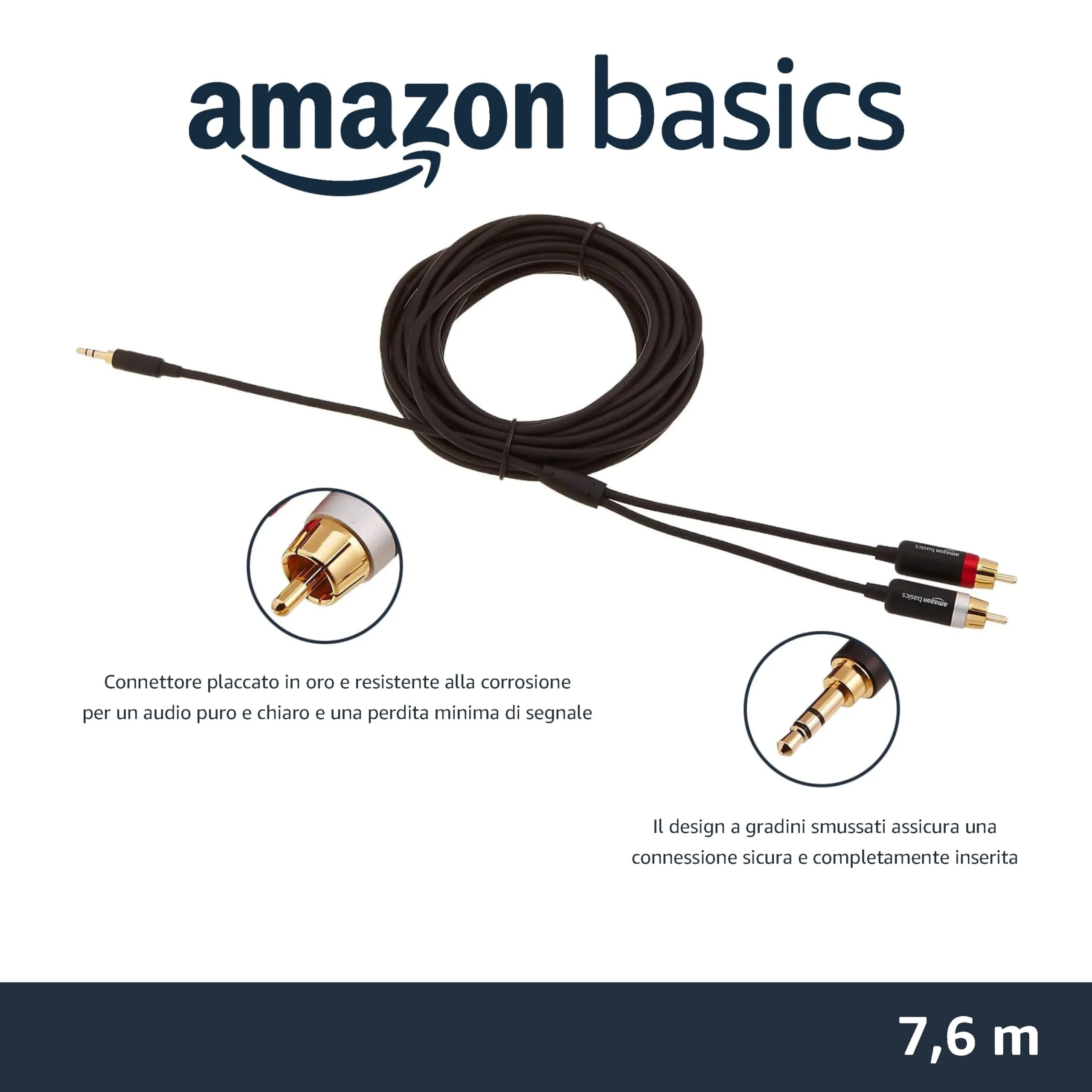 Amazon Basics Cavo Adattatore da Aux 3,5 mm a 2 RCA, 7.6 m, Nero - immagine 2