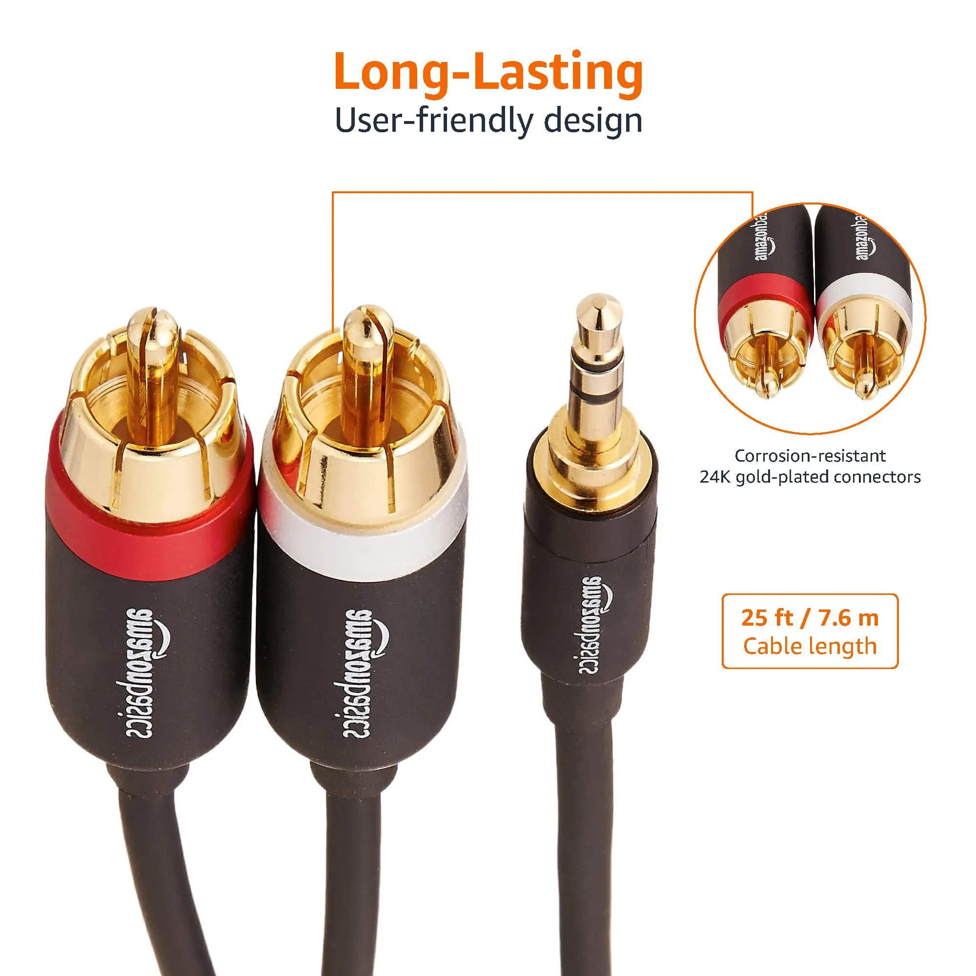 Amazon Basics Cavo Adattatore da Aux 3,5 mm a 2 RCA, 7.6 m, Nero - immagine 4