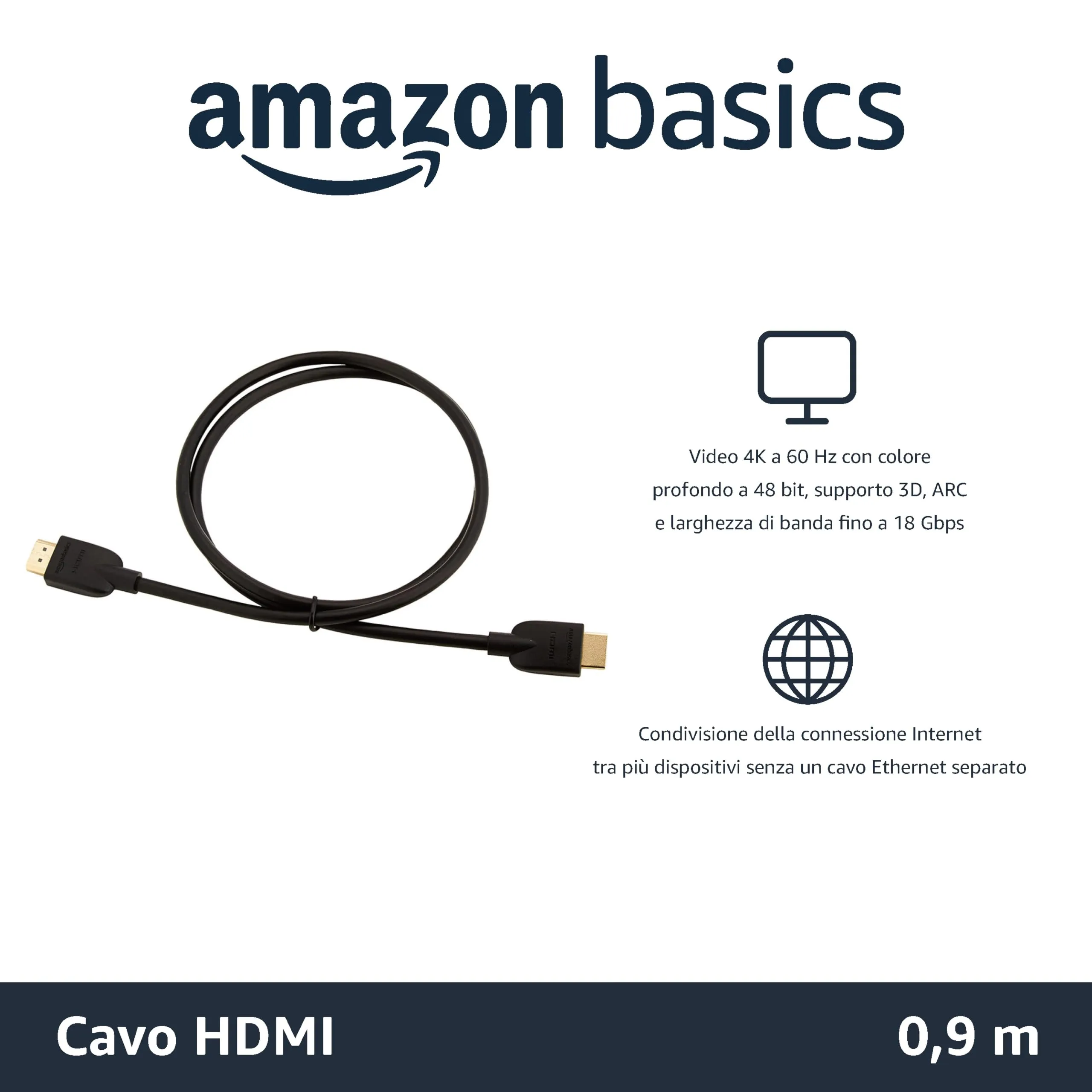 Amazon Basics Cavo HDMI 4K, 0.9 m, Alta Velocità con Ethernet, 18 Gbps, 4K@60 Hz, 2160p, Confezione da 3, Nero - immagine 2