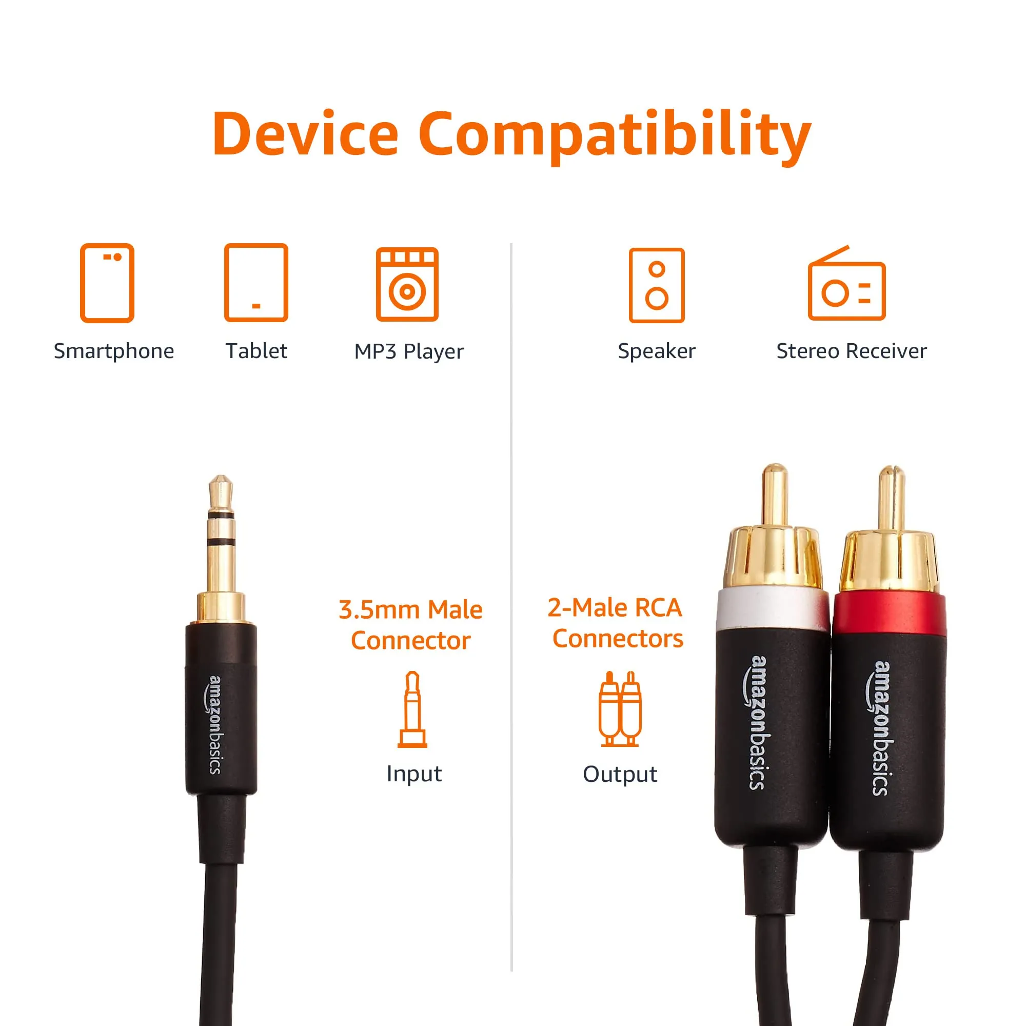 Amazon Basics Cavo Audio Adattatore da Aux 3,5 mm a 2 RCA, 2.4 m, Nero - immagine 3