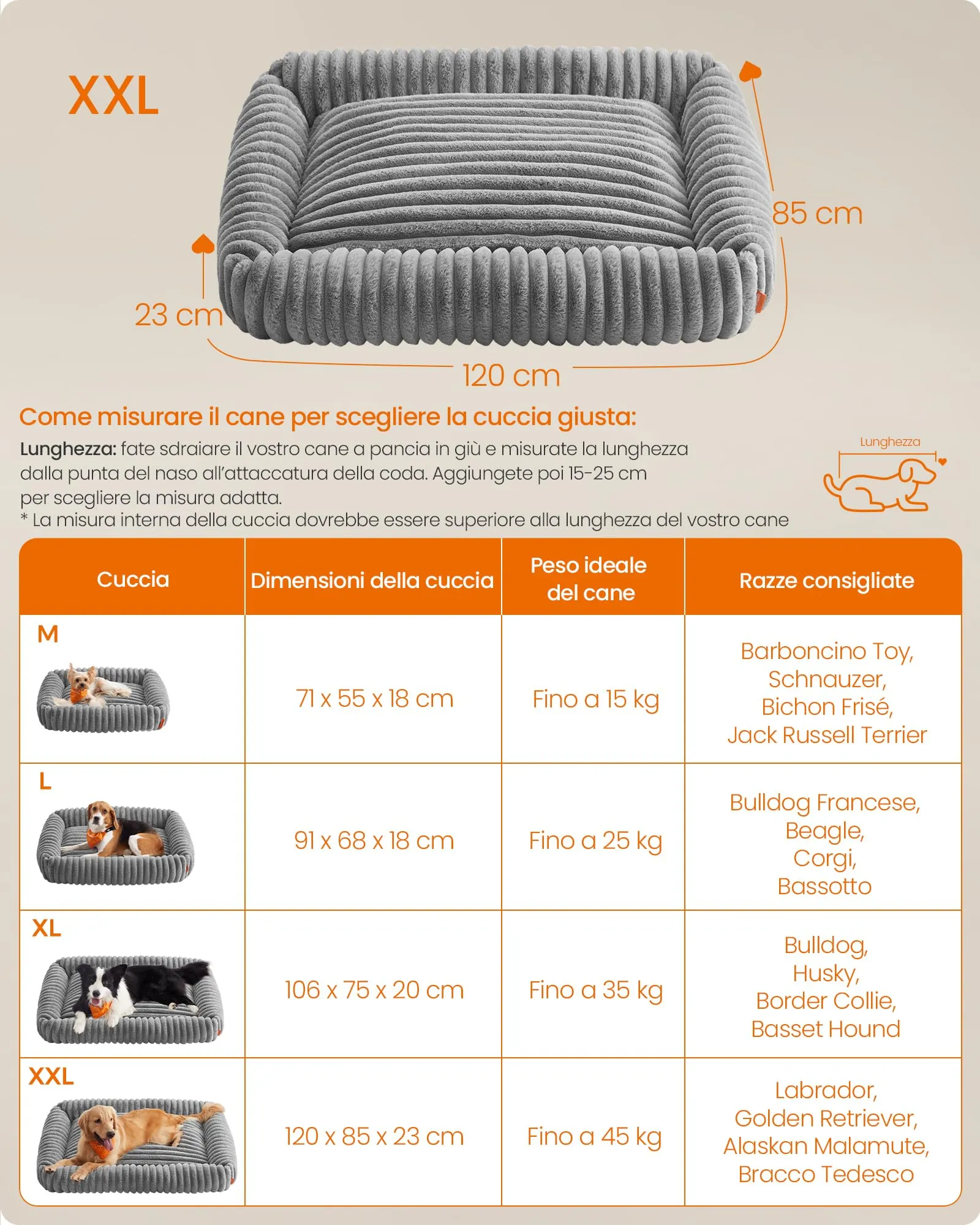 Feandrea Cuccia per Cani di Taglia Extra Grande, Lettino Ortopedico, Grigio Tortora, 120 x 85 x 23 cm - immagine 6