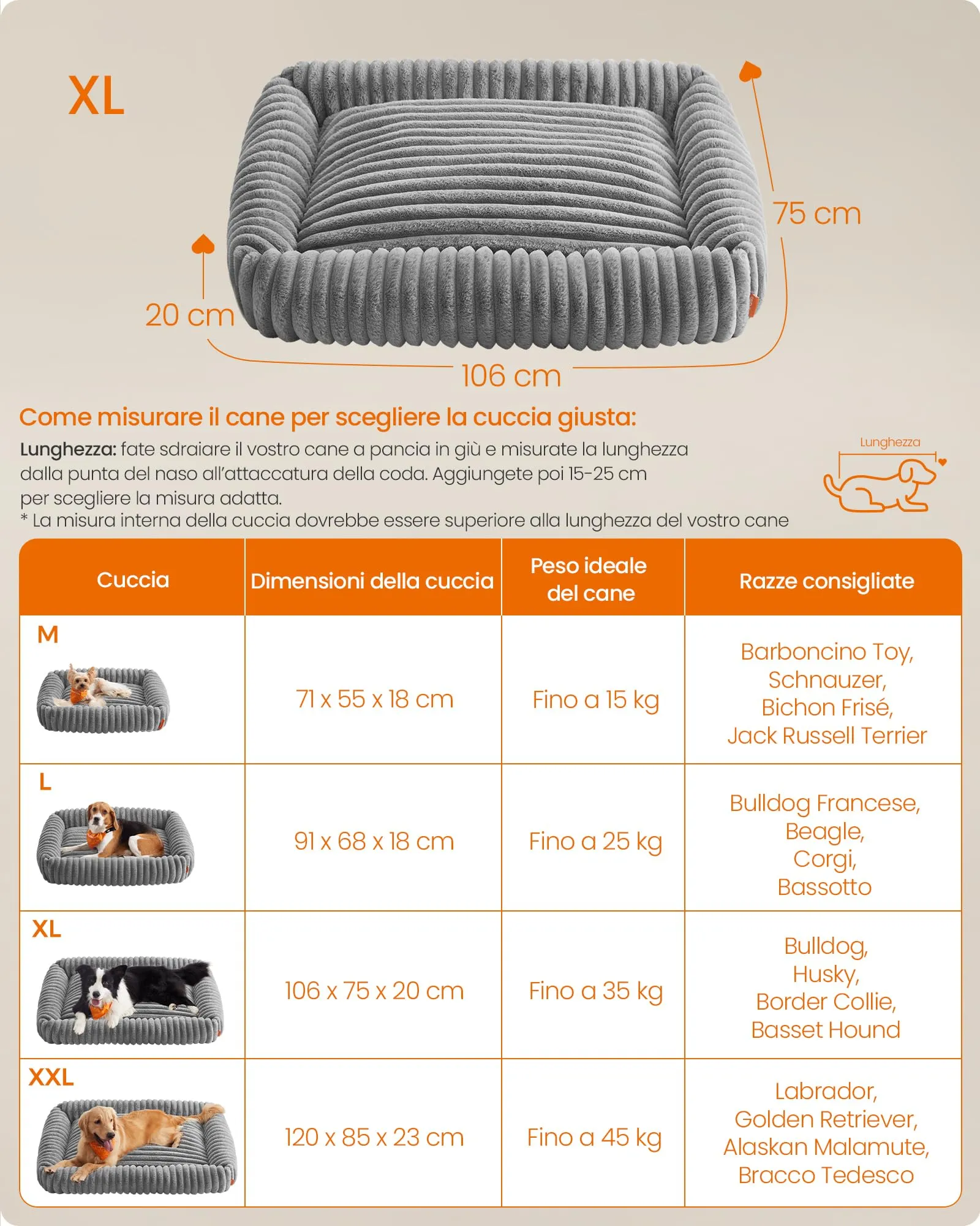 Feandrea Cuccia Ortopedica per Cani di Taglia Grande, Grigio Tortora, 106 x 75 x 20 cm - immagine 6