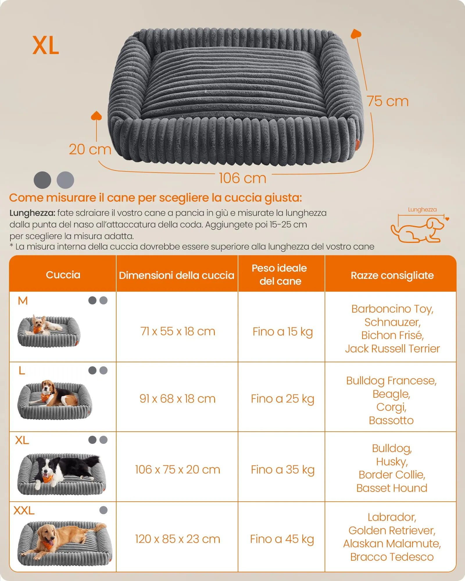 Feandrea Cuccia Ortopedica per Cani di Taglia Media, Grigio Piombo, 106 x 75 x 20 cm - immagine 6
