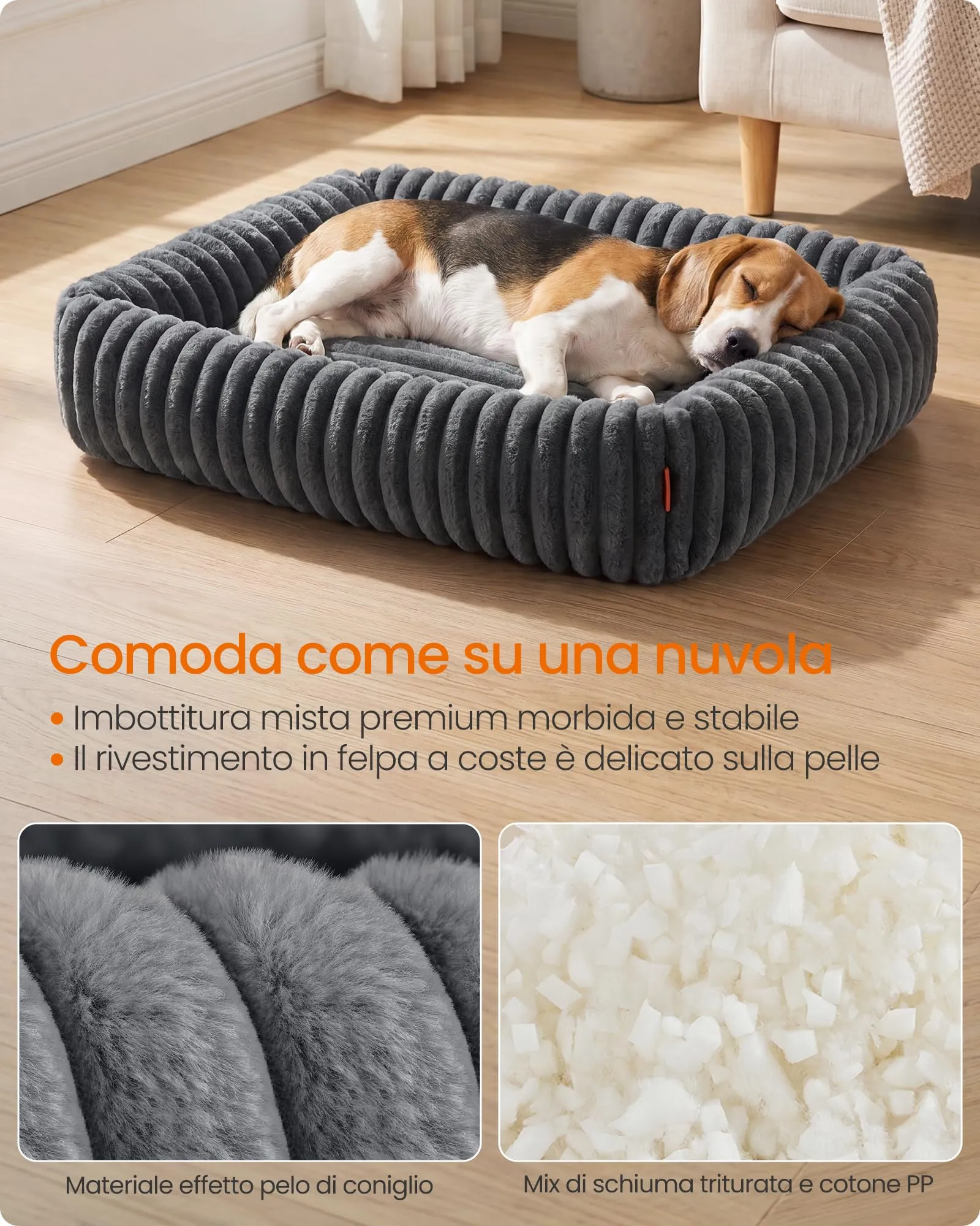 Feandrea Cuccia per Cani di Taglia Media, Lettino Ortopedico, Grigio Piombo, 91 x 68 x 20 cm - immagine 3