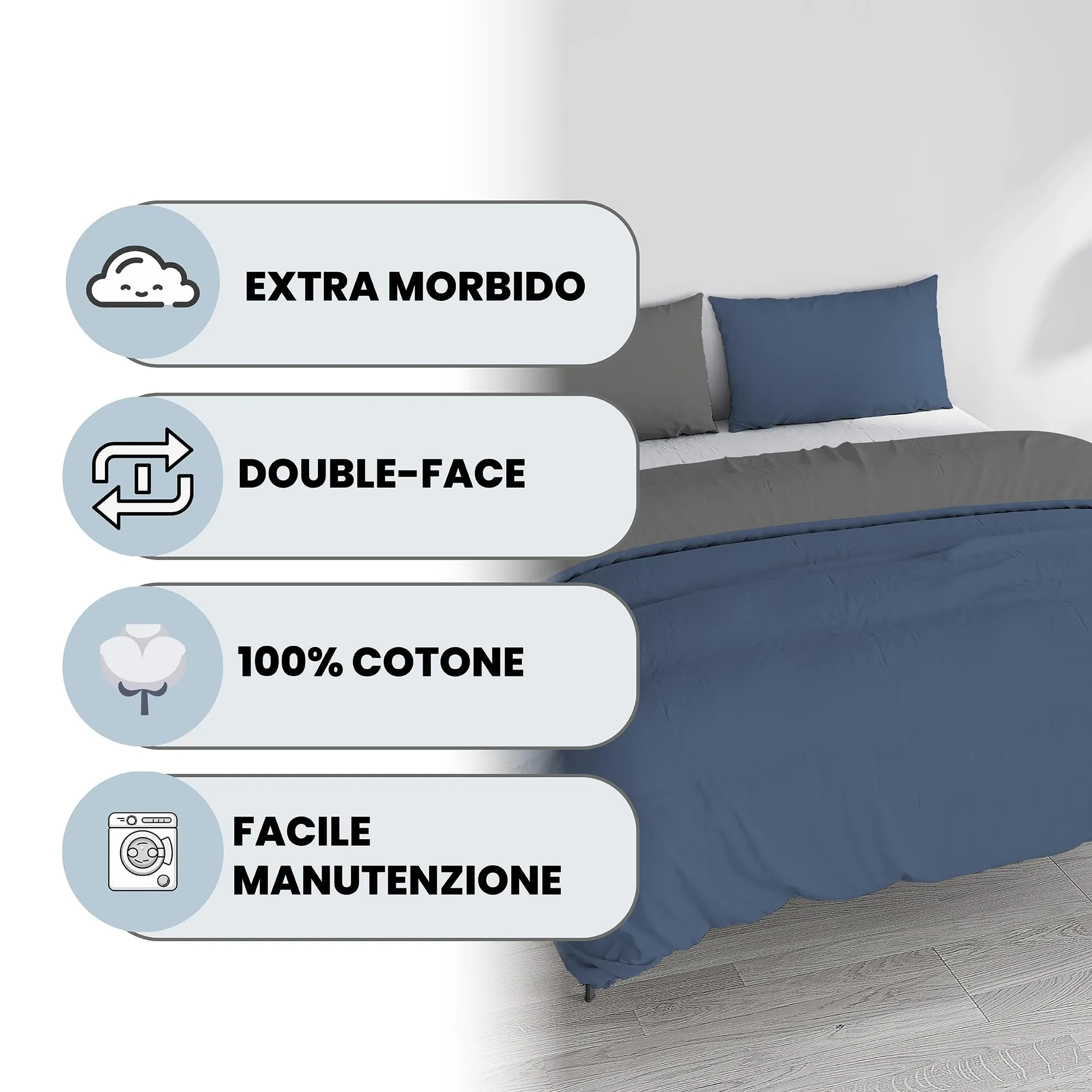 Italian Bed Linen Set Copripiumino 100% Cotone, Matrimoniale, 250x200 cm, Avio/Grigio Scuro - immagine 2