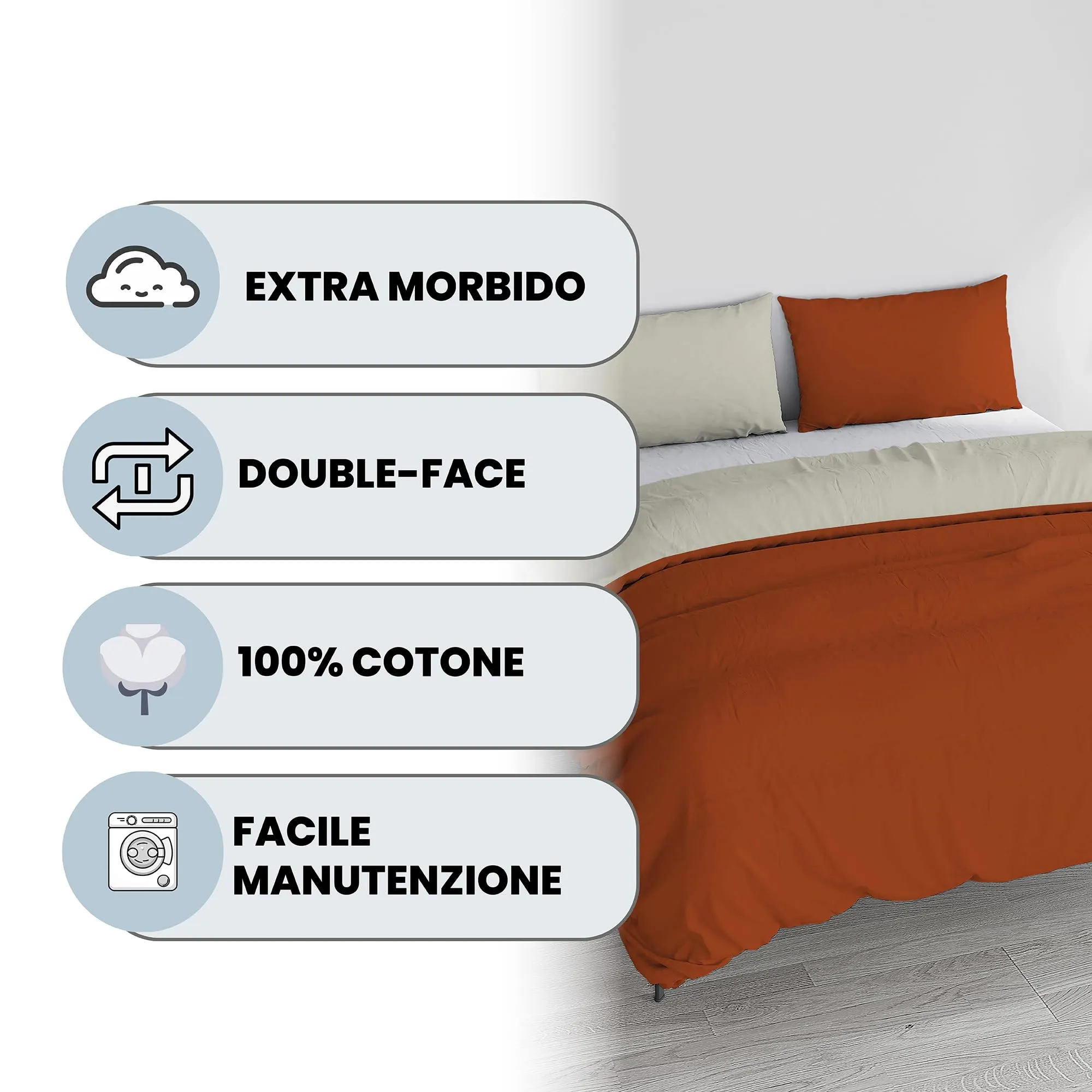 Italian Bed Linen Set Copripiumino 100% Cotone, Matrimoniale 250x200 cm, Terra/Panna - immagine 2