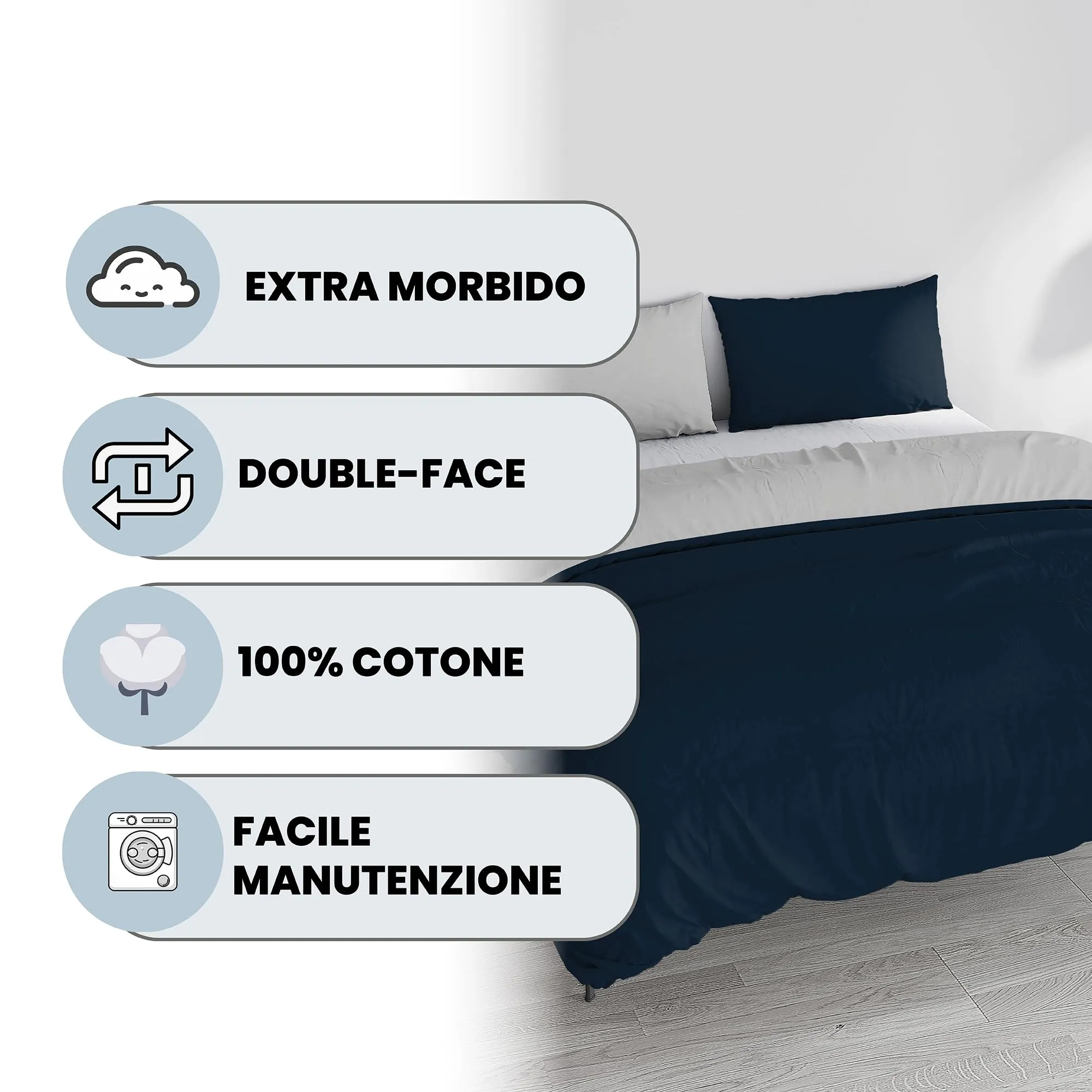 Italian Bed Linen Set Copripiumino 100% Cotone, Matrimoniale, 250x200 cm, Blu Scuro/Grigio Chiaro - immagine 2