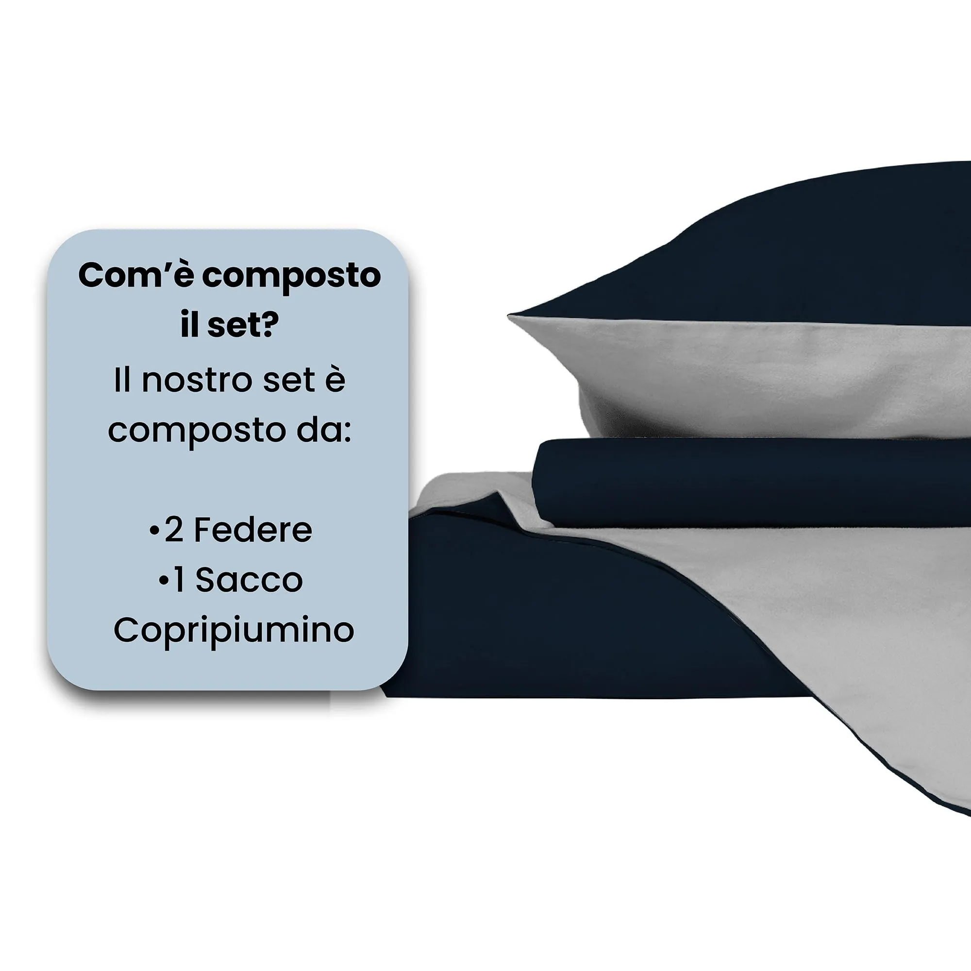Italian Bed Linen Set Copripiumino 100% Cotone, Matrimoniale, 250x200 cm, Blu Scuro/Grigio Chiaro - immagine 4