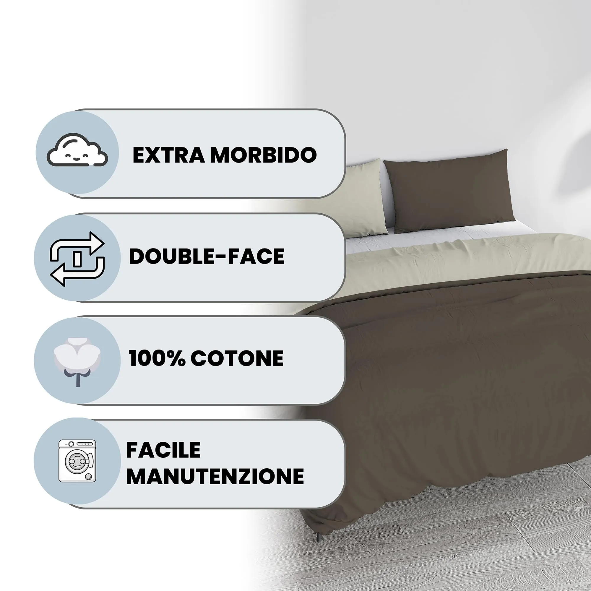 Italian Bed Linen Set Copripiumino 100% Cotone Natural Color, Matrimoniale, 250x200 cm, Marrone/Panna - immagine 2